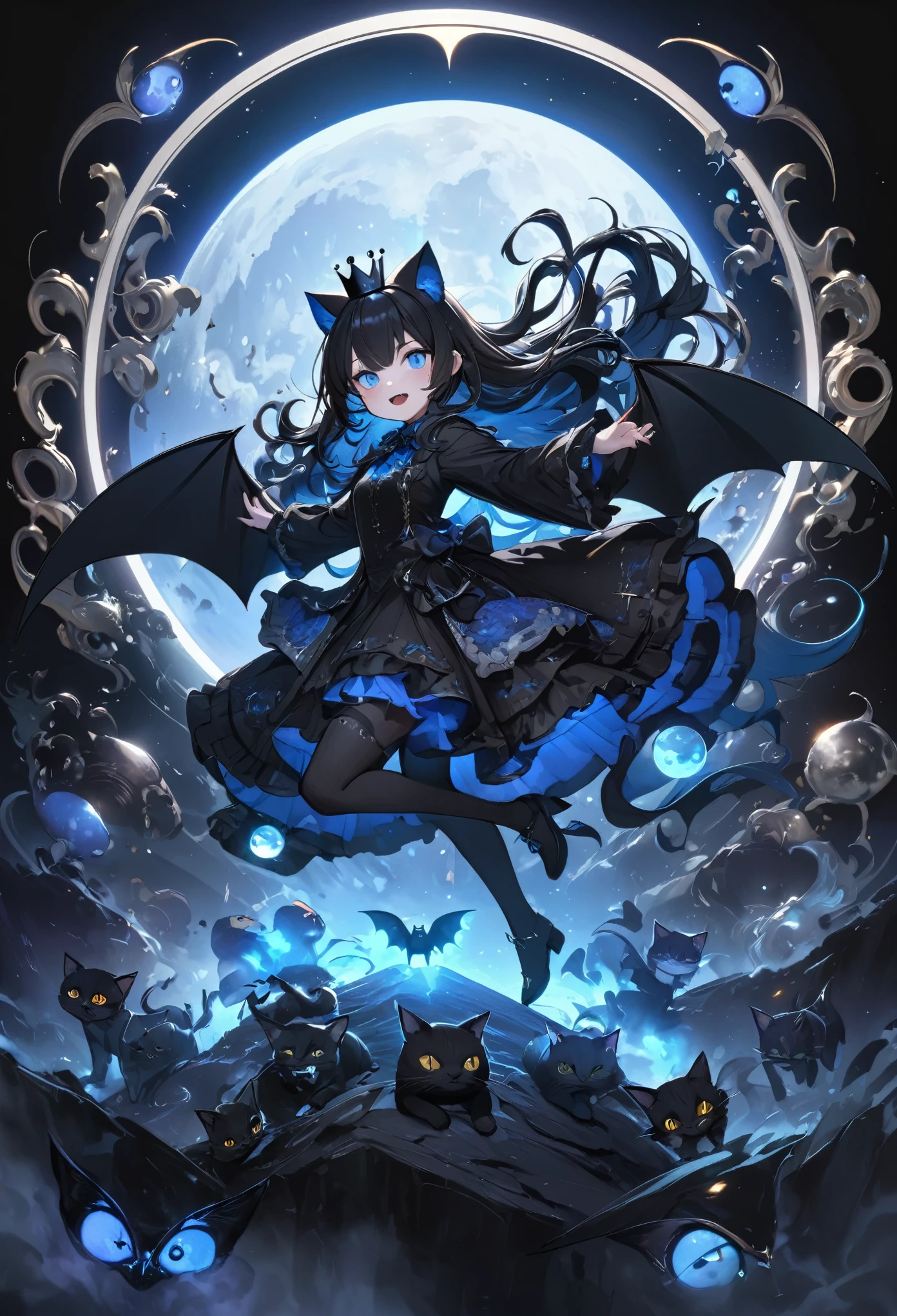 Succubus、Black Wings、Black Crown、girl、whole body、Black Hair、Cute black cat ears、beautiful青い目、Black Crown、Black and blue vampire wings、Glare、Also々funny Face、beautiful、blue Moon、Lots of blue light、Fantasy black cat，AmbiLight，The colors are vibrant and bright，Black background，mist，Detailed Description，Rich details，An explosion of imagination，Surreal，Ultra-realistic，masterpiece，8k，Light，Tyndall effect