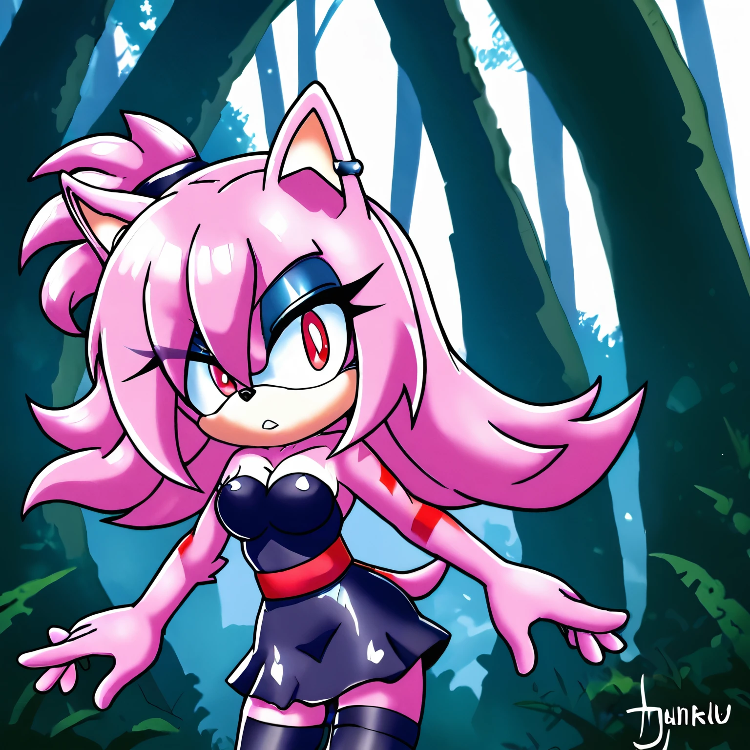 Female Hedgehog, daughter of Shadow, (1girl), (solo), pink fur, quills curved up similar to her father Shadow, side locks, red stripes on quills, body, red patches of fur around eyes, red eyes, 3 large hair bangs, purple strapless dress with white stripes on the sides, medium breasts, eyelashes, tough expression, forest, daytime, mobian, mobius city, short leggings