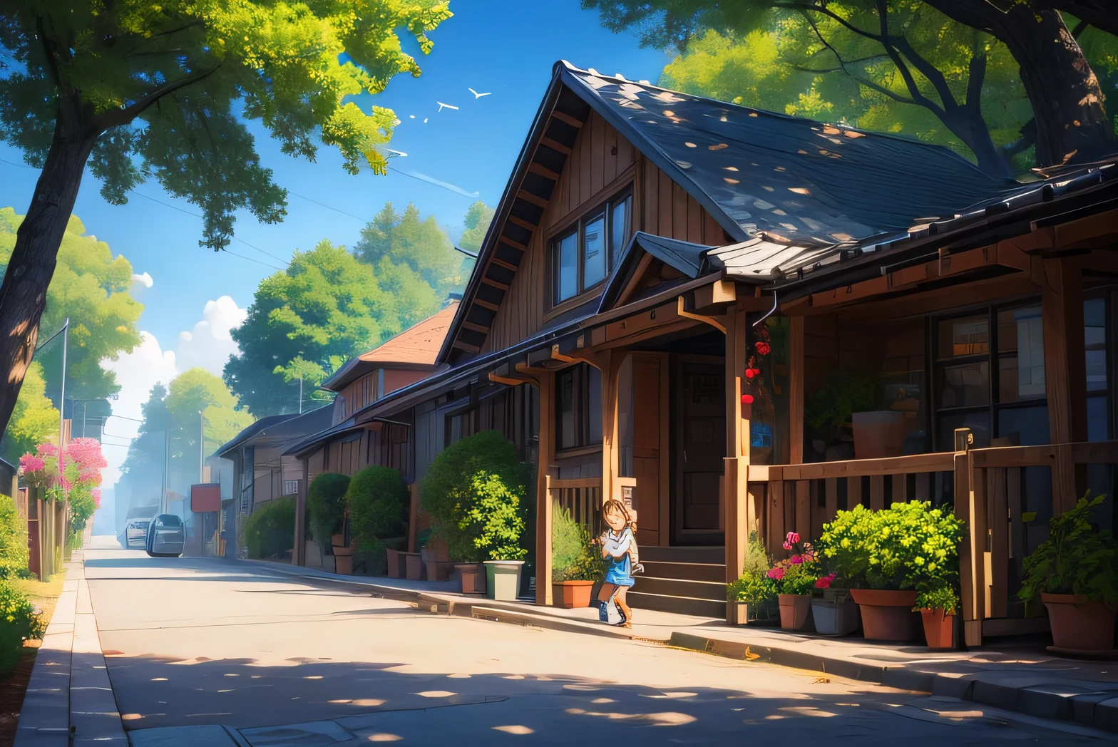 child，natural scenery，front，landscape，Trees，Street Lights，Bright，cute，daytime，Rich，joy（reasonable）（（masterpiece，Top quantity，Best quality，official art））