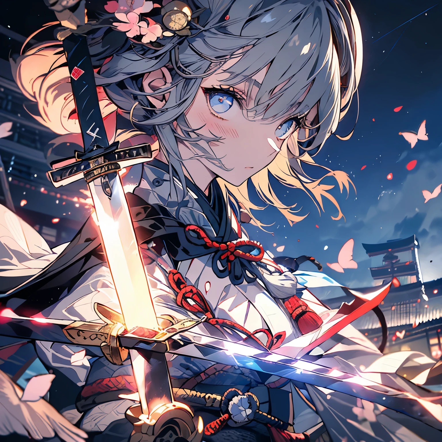 highest quality、masterpiece、Delicate eyes、Gray Hair、Serious face、(((Japan have one sword)))、Aikikiri、Upper Body Warrior、Night Sky、moon