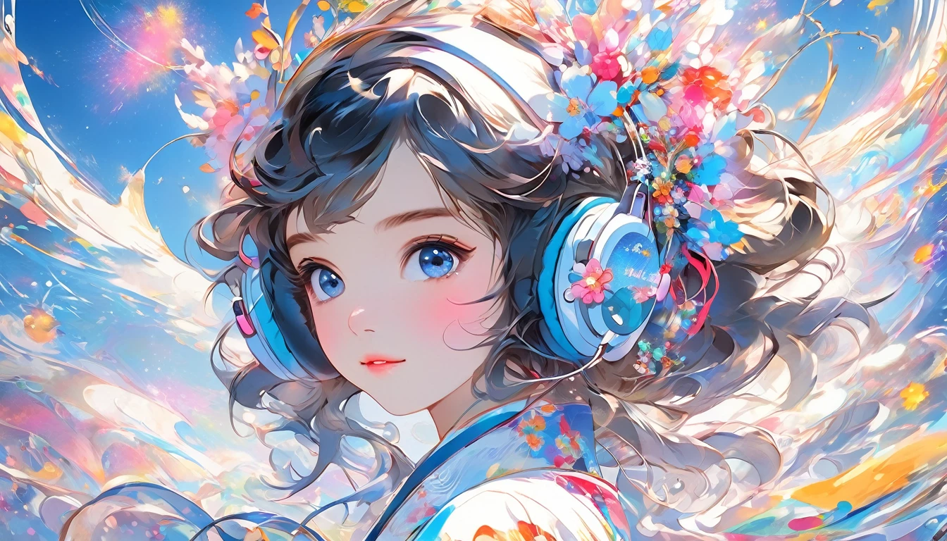 Cute Girls，colorful，Graceful Face，Half Body，Pure Eyes，Headphones，Long eyelashes，Japanese clothing model：Future、Sparkling、Sweet Girl 4,Fantasy Background