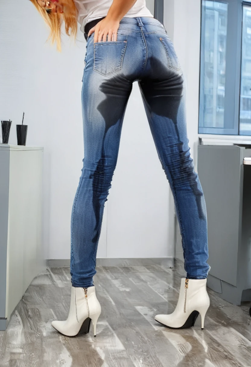 attractive blonde woman wearing skinny jeans, ankle boots, white blouse, standing in an office, wetting, (((rear view)))