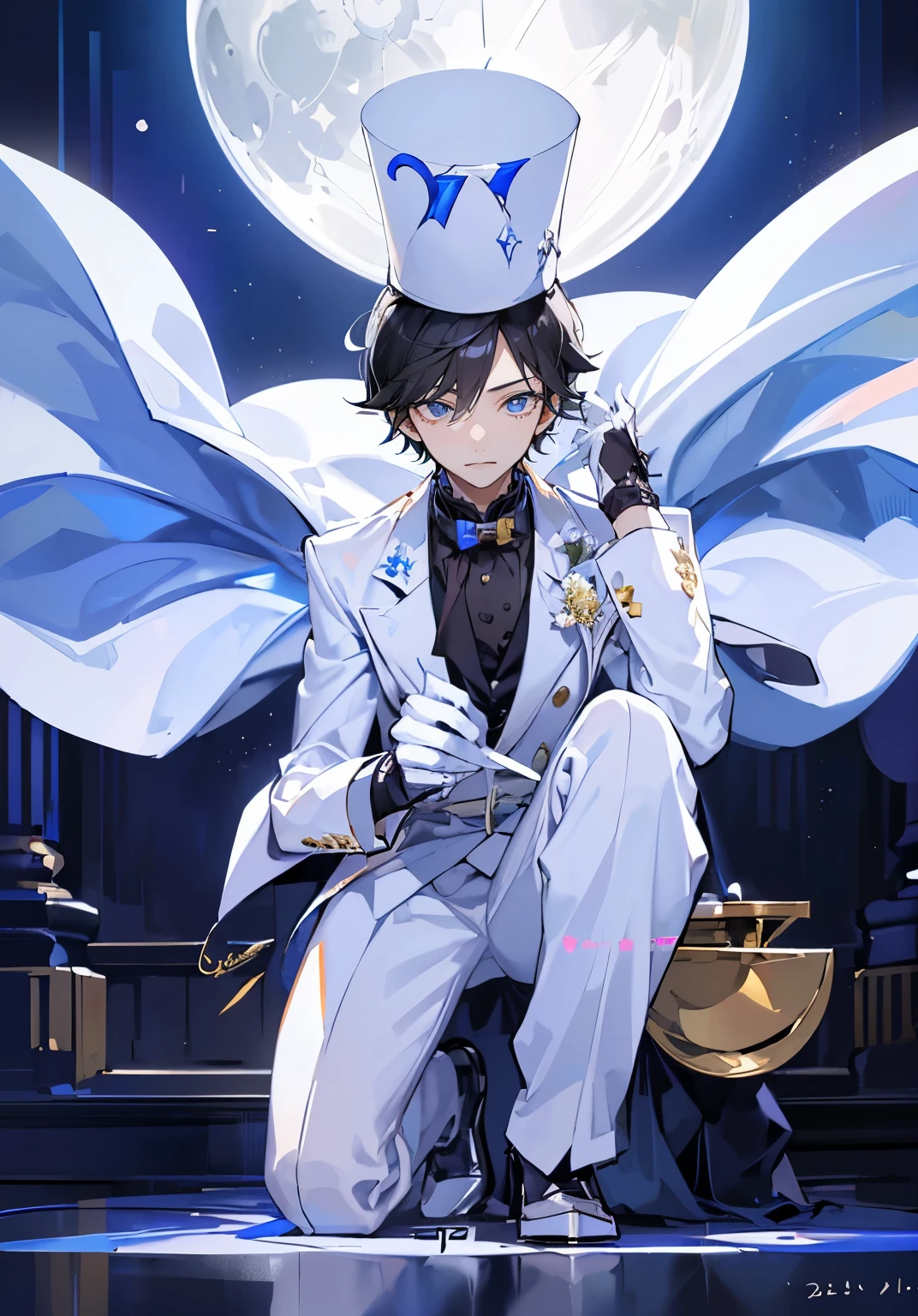 (Mastepiece), (Best Quality), Very detailed, ((17 year old boy:1.5)), Perfect Face, Beautiful Face, Very detailedな顔，Black Hair、Short Hair，Thief、White suit、White Top Hat、White gloves、White Cape、Monocle、Trump、White Moon、gem