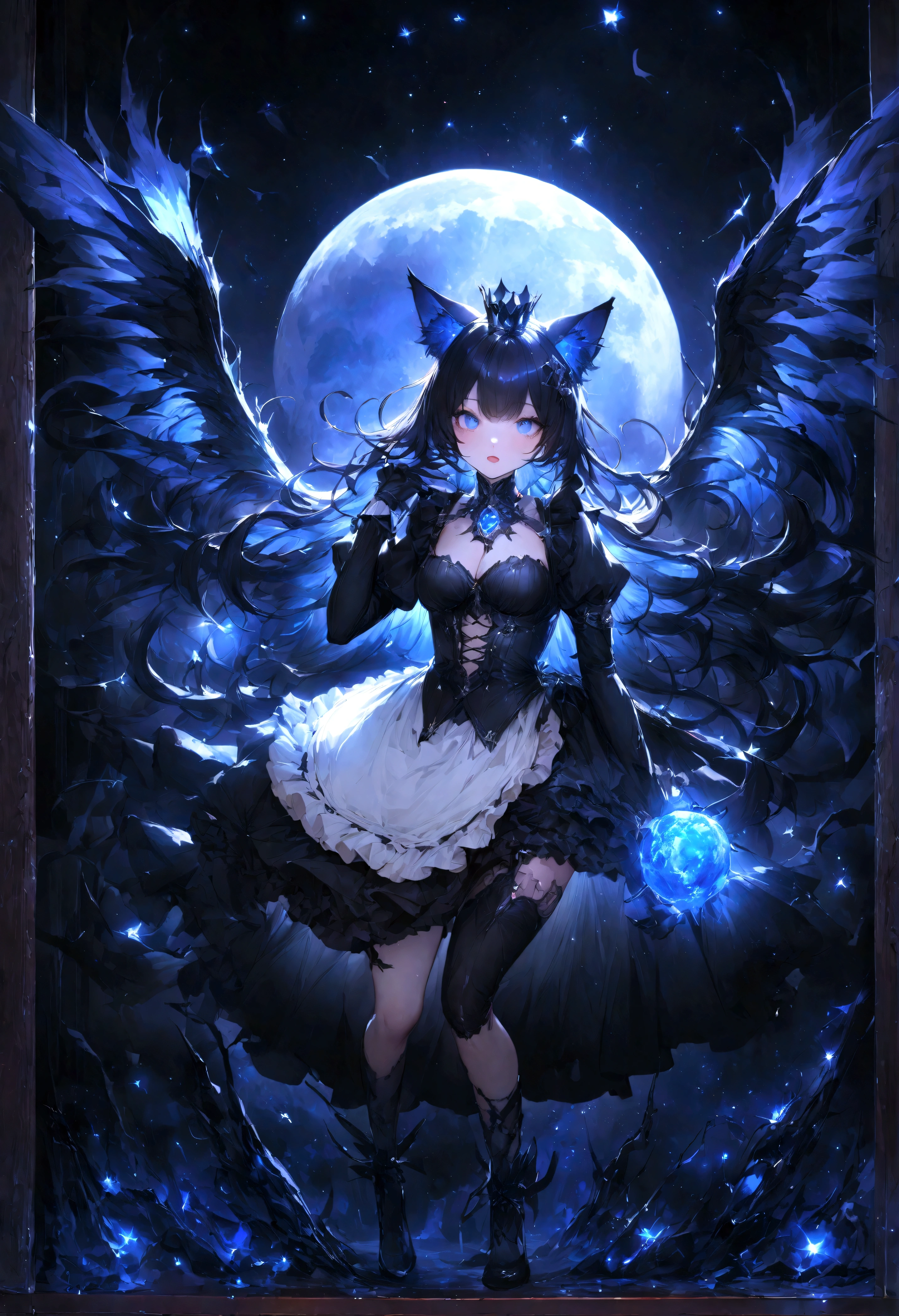cute、、Young Girl、12age、Flying、looks fun、whole body、Black Hair、Black cat ears、Cat's Tail、Beautiful blue eyes、Black crown、Black and blue vampire wings、Glare、Rin々Funny face、beautiful、blue Moon、Lots of blue light、universe、Fantasy,Lots of light、gem、magic、AmbiLight,The colors are vivid and bright,Black background,haze,Detailed depiction,Rich details,Explosion of imagination,Surreal,Ultra-realistic,masterpiece,8k,Light,Tyndall effect