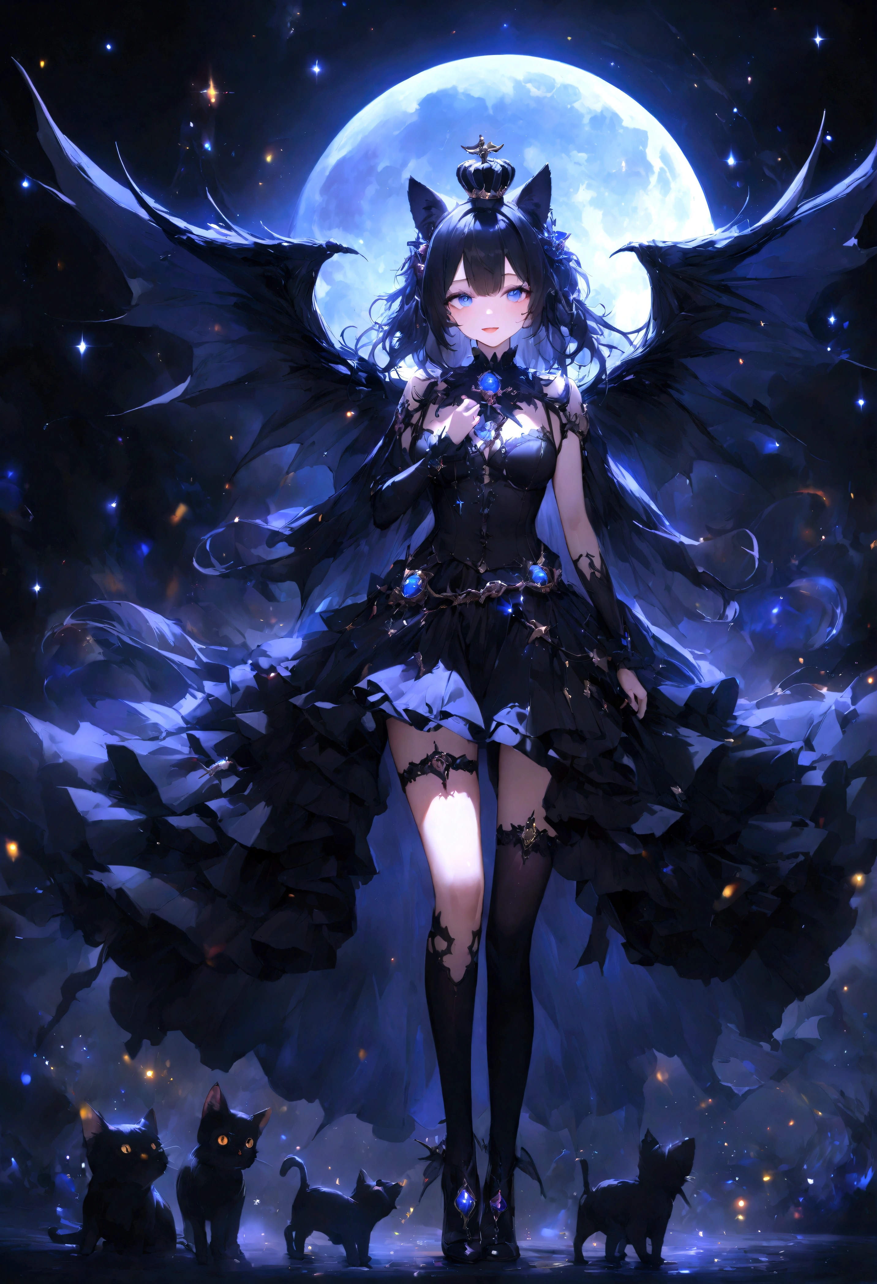 Marine Sailor、Black Wings、Black Crown、girl、whole body、Black Hair、Cute black cat ears、beautiful青い目、Black Crown、Black and blue vampire wings、Glare、Also々funny Face、beautiful、blue Moon、Lots of sparkling lights、gem、Lots of blue light、Fantasy black cat,AmbiLight,The colors are vibrant and bright,Black background,mist,Detailed Description,Rich details,An explosion of imagination,Surreal,Ultra-realistic,masterpiece,8k,Light,Tyndall effect