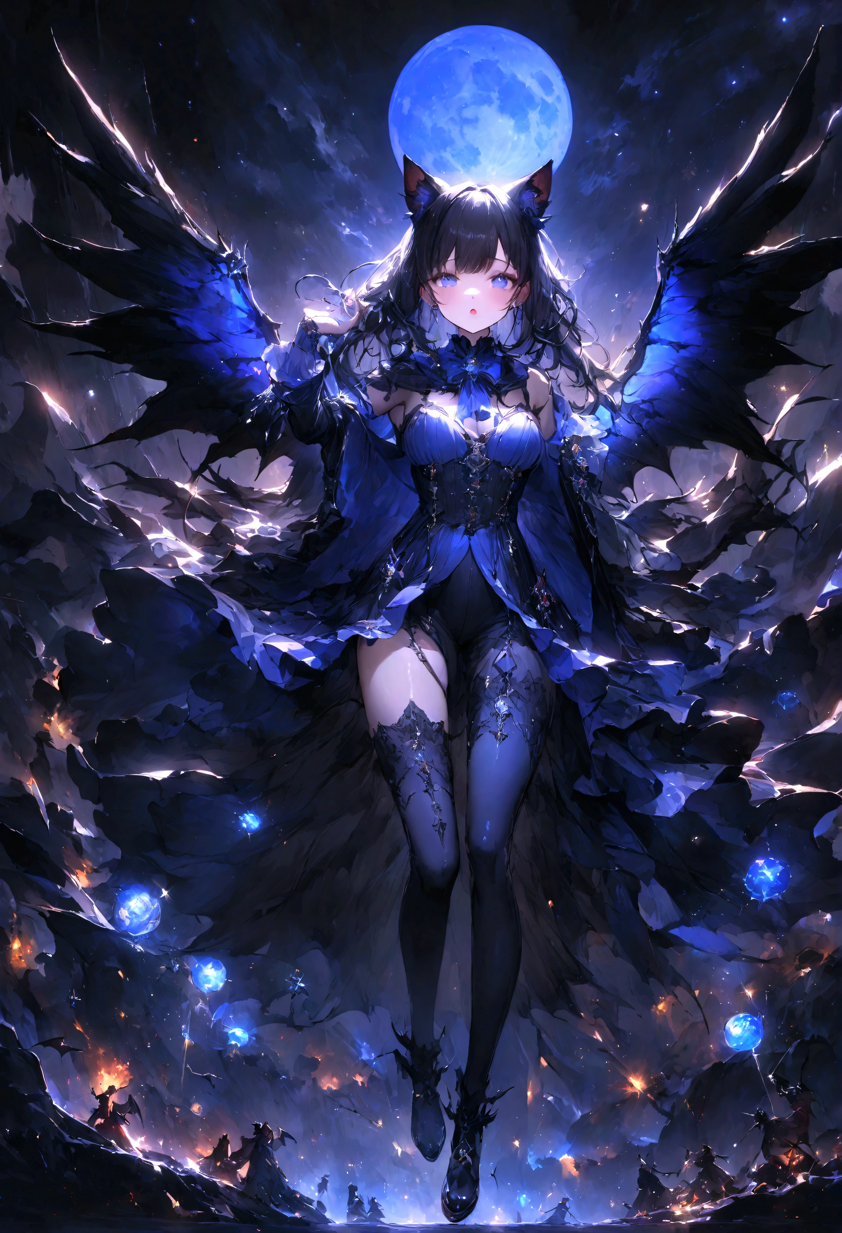 Marine Sailor、Black Wings、Black Crown、girl、whole body、Black Hair、Cute black cat ears、beautiful青い目、Black Crown、Black and blue vampire wings、Glare、Also々funny Face、beautiful、blue Moon、Lots of sparkling lights、gem、Lots of blue light、Fantasy black cat,AmbiLight,The colors are vibrant and bright,Black background,mist,Detailed Description,Rich details,An explosion of imagination,Surreal,Ultra-realistic,masterpiece,8k,Light,Tyndall effect