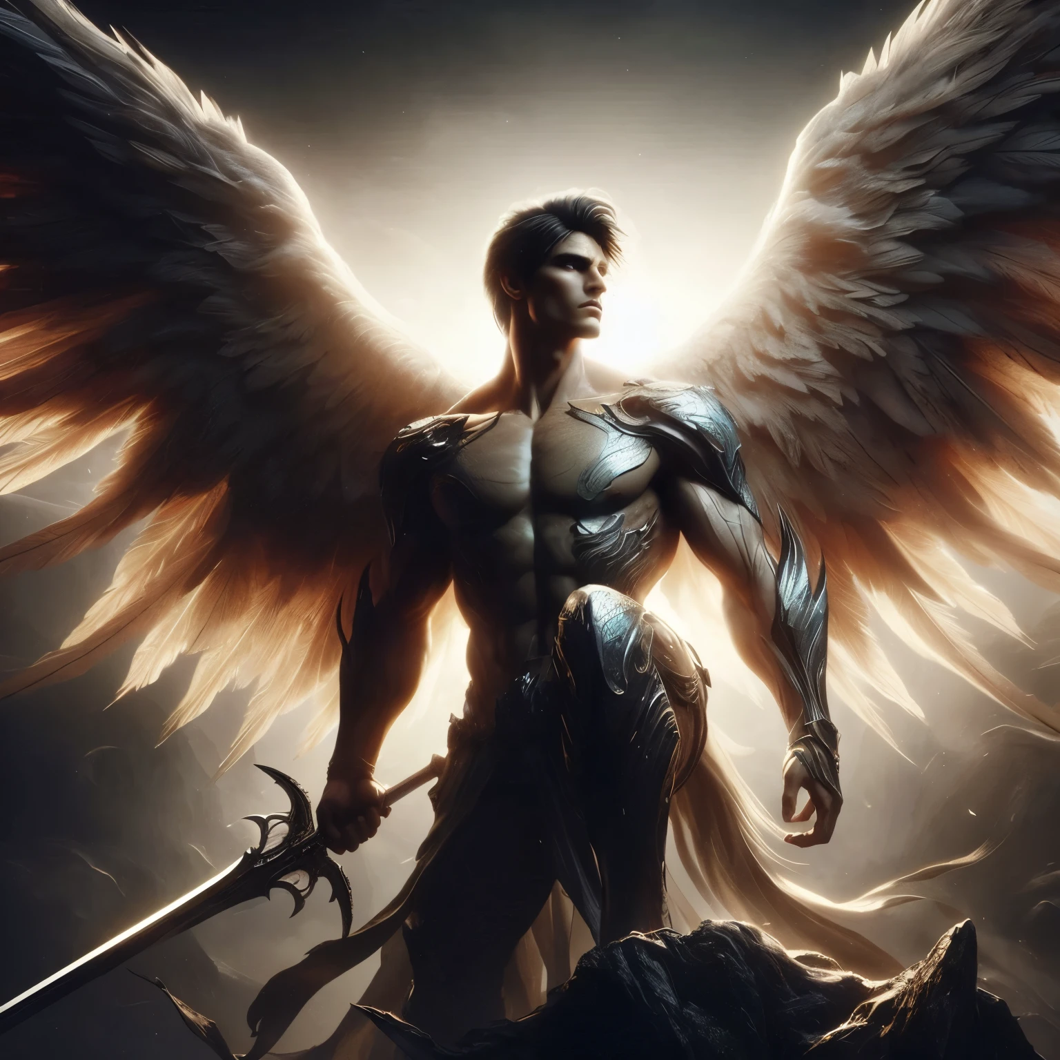 Fearless Archangel, beautiful male face, standing on top of a rocky presuppose that looks like a creature, perfect muscular body, masculine body, perfect symmetrical face, eyes perfectly aligned, symmetrical eyes, full body, with avenging sword, Apocalypse, dooms day, Illustration, cinematic light, high resolution, best quality, ultra detailed, masterpiece,