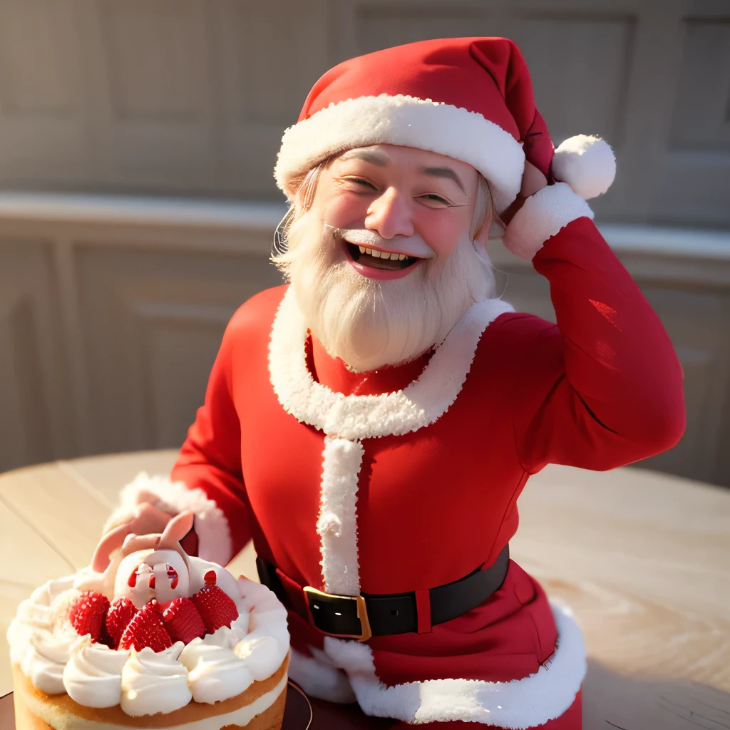 high res, (3d render character:1.3), masterpiece ,insanely detailed, absurd, (photogenic:1.3), (3d render santa claus on the cake:1.1),(round face:1.3),(fat:0.8),(laugh:1.8), (cake shop:1.3)