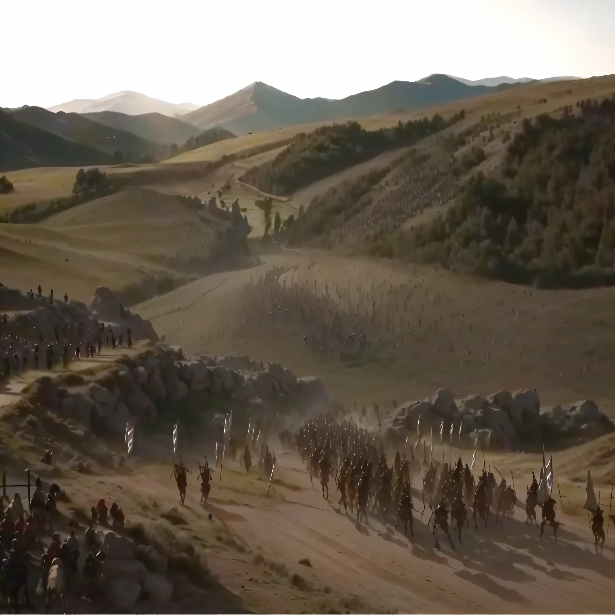 there are many people walking on a dirt road in the mountains, The crowd flees the village, epic battle scene, na captura de tela do filme 300, epic battle scene, membros da tribo atacando, Cinematic fight in the middle of the shot, heroic battle scene, captura de tela do filme, liderando espartanos na batalha, an epic viking battle scene, cinematic widescreen filming, tiro de jogo dos tronos