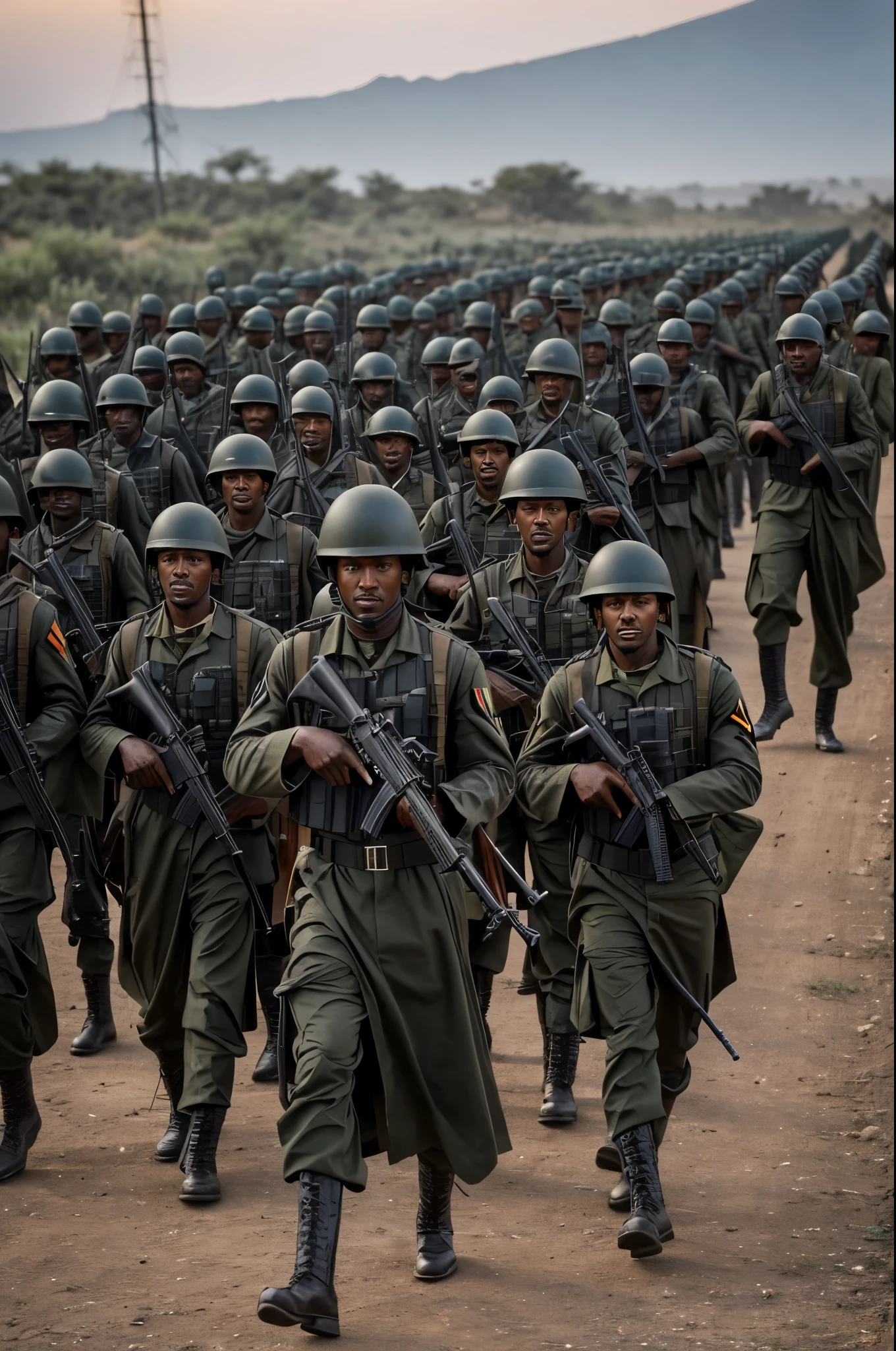 a war-hardened Ethiopian male army, marching in black combat uniforms, carrying vintage 1950s rifles, dramatic 1950s setting, IMAX 70mm cinematic quality, Christopher Nolan inspired dramatic lighting, vibrant color palette, masterpiece, best quality, 8k, hyperrealistic, cinematic, military, soldiers, weapons, march, uniform, dramatic, lighting