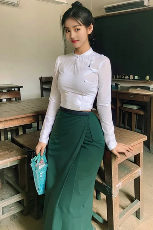 A school teacher is 30years old.Tall, thin, big hips, big breasts, black hair, small lips, brown eyes, attractive, K.Top=white Burmese blouse,With long sleeves,Buttoned at the side.Bottom=(Dark green) long skirt.
Footwear=female Burmese sandals,The hair is knotted bun.