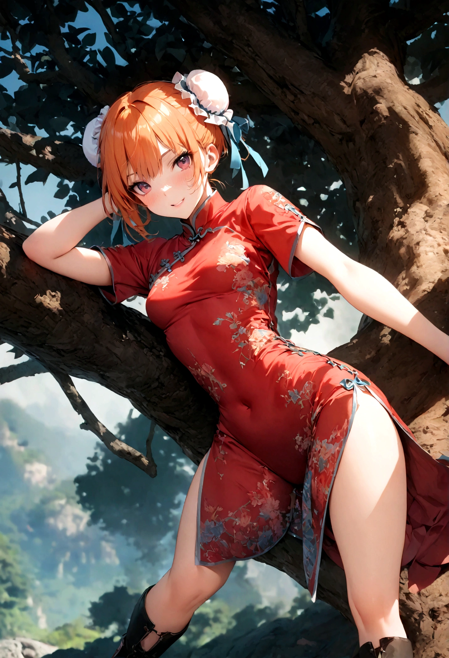 Gintama, Kagura, Orange hair, red dress, double bun, bun cover, china dress, chinese clothes, knee boots, short sleeves, small breasts,
tree, (in_tree), all_fours, on branch, v,, (masterpiece:1.3), (best_quality:1.3), (ultra_detailed:1.3), 8k, extremely_clear,, 1girl, solo, wide_shot,, outdoors,, insane details, intricate details, hyperdetailed, ultra detailed, extreme detailed, highest detailed, high_detail, colorful, beautiful, hdr, photorealistic, highres, ultra_high_res, photography, aesthetic, extremely_delicate,, seductive_smile,