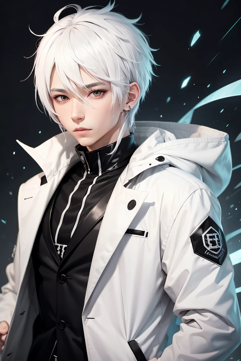 anime boy,white hair,black eyes,white jacket