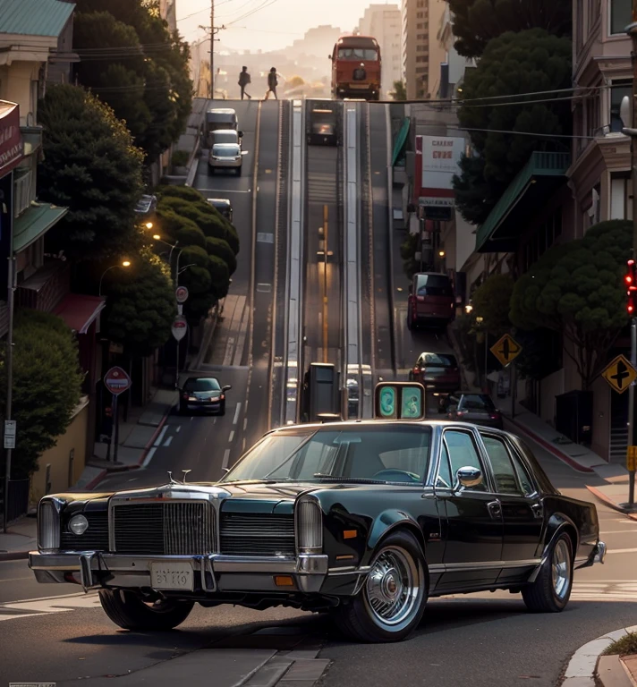A beautiful exhibition-style Ford Lincoln parked in the foreground and in the background the slope of the streets of San Francisco with the tram high above