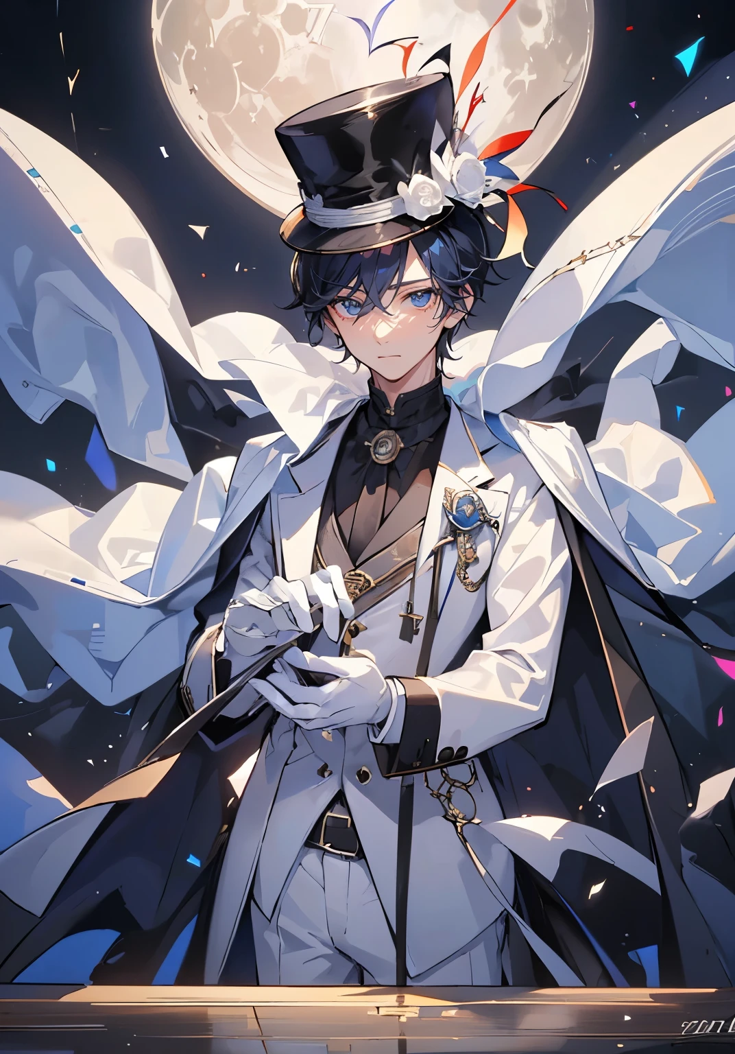 (Mastepiece), (Best Quality), Very detailed, ((17 year old boy:1.5)), Perfect Face, Beautiful Face, Very detailedな顔，Black Hair、Short Hair，Thief、White suit、White Top Hat、White gloves、White Cape、Monocle、Trump、White Moon、gem