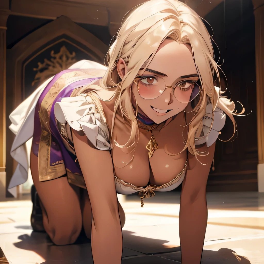 （Best image quality）,masterpiece,8k wallpaper,One Woman,22 years old,Europe,（（White and purple German folk costume））,(Blonde，Golden eyebrows)，(Glasses)，((Large Breasts)),Cleavage,((Brown Skin:1.4)),Sunburned skin，On all fours,Looking up at the audience,(Provocative smile)，blush，The background is a German village,Natural soft light,frontage,70 degree angle of view