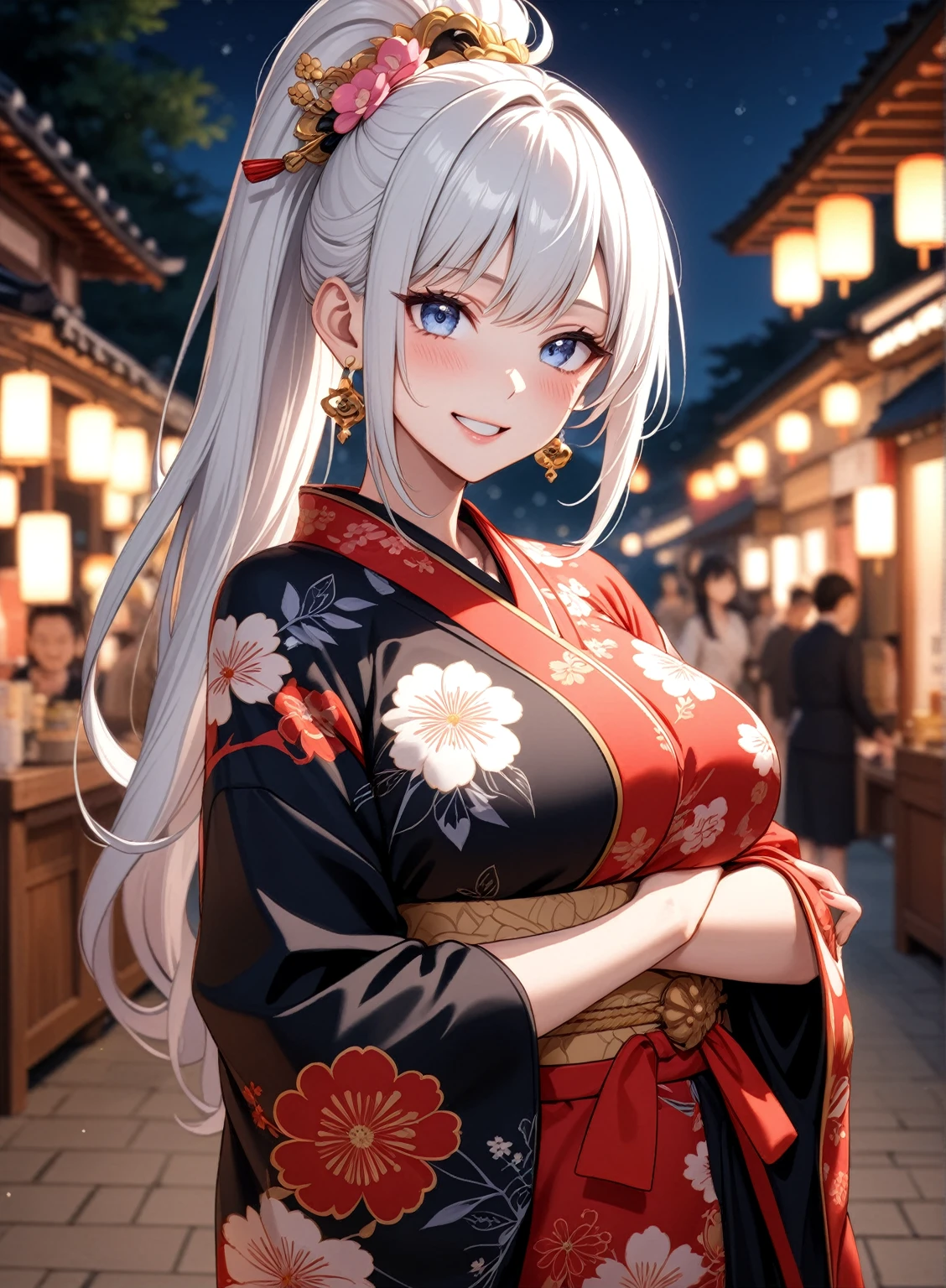 ((one personの女性)), Beautiful Face,Laugh shyly,((Wink:1.7)),Laughing with your mouth open,turn bright red,Glossy pink lips,night,Shrine festival stalls,firework,((Anime style background)),masterpiece, highest quality, so beautiful, up to date, Complex details, (Pink long nails),AI-generated, Complex,High resolution, highest quality, super high quality,3D Images、(Gazing into the distance)、3D Images,one person,Long white hair,High Ponytail,blue eyes,Anime woman posing for a photo, [[Fine grain、Colorful eyes、Shining Eyes:1.15]],(Squint your eyes:1.1),a hyperRealistic , hyperRealistic , Realistic,Long haired white haired anime woman, Smooth anime CG art, A woman in a colorful kimono with gold embroidery, (Black kimono),Red floral pattern,Long flower hair ornament,Big earrings,(Big Breasts:1.2),Mature Body,tall,Big Ass,Fine details,Tight waist,Abdominal muscles,(Face close-up:1.5),Tilt your face,Shooting from an angle