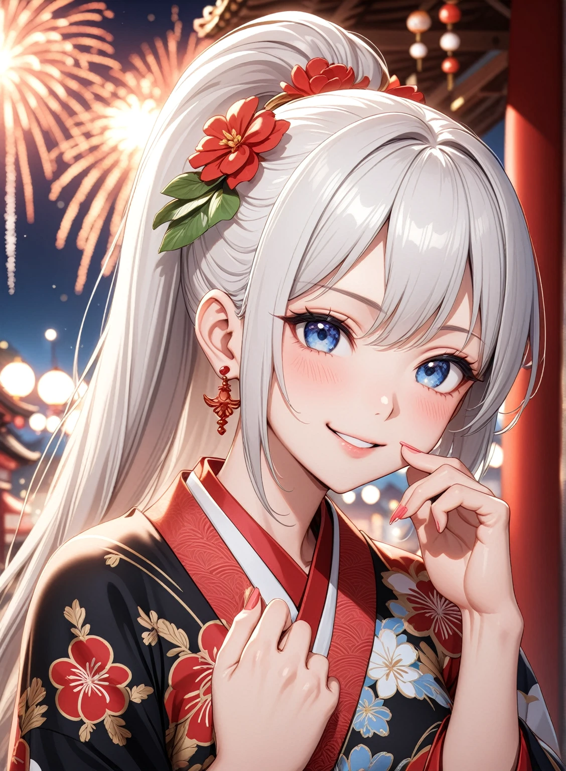 ((One personの女性)), Beautiful Face, (Laughing embarrassedly), (laugh:1.2),((Wink:1.9)), (head tilt:1.3), Laugh with your mouth wide open, upper teeth, looking down at viewer, ((Bright red cheeks:1.4)),Glossy Red Lips,rooftop, firework, Glossy red lips, Shining Face, ((Anime style background)),masterpiece, Highest quality, so beautiful,up to date, Complex details, (Pink long nails),(ring),(bracelet),(Floral choker),AI-generated, Complex,High resolution, Highest quality, super high quality,3D Images、3D Images,One person,Long white hair,High Ponytail, Anime woman posing for a photo,(blue eyes), ((Fine grain、Silvery white, lightly pigmented eyes、Shining Eyes:1.4)), (Squint your eyes:1.1),a hyperRealistic , hyperRealistic , Realistic,Anime woman with long white hair, Smooth anime CG art, A woman in a colorful kimono with gold embroidery, (Black long sleeve kimono),Red floral pattern,Long flower hair ornament,Earrings,Mature Body,(Big Breasts:1.1),Tall,Abdominal muscles,Tight waist,(Zoom up to face:1.5), (front view),