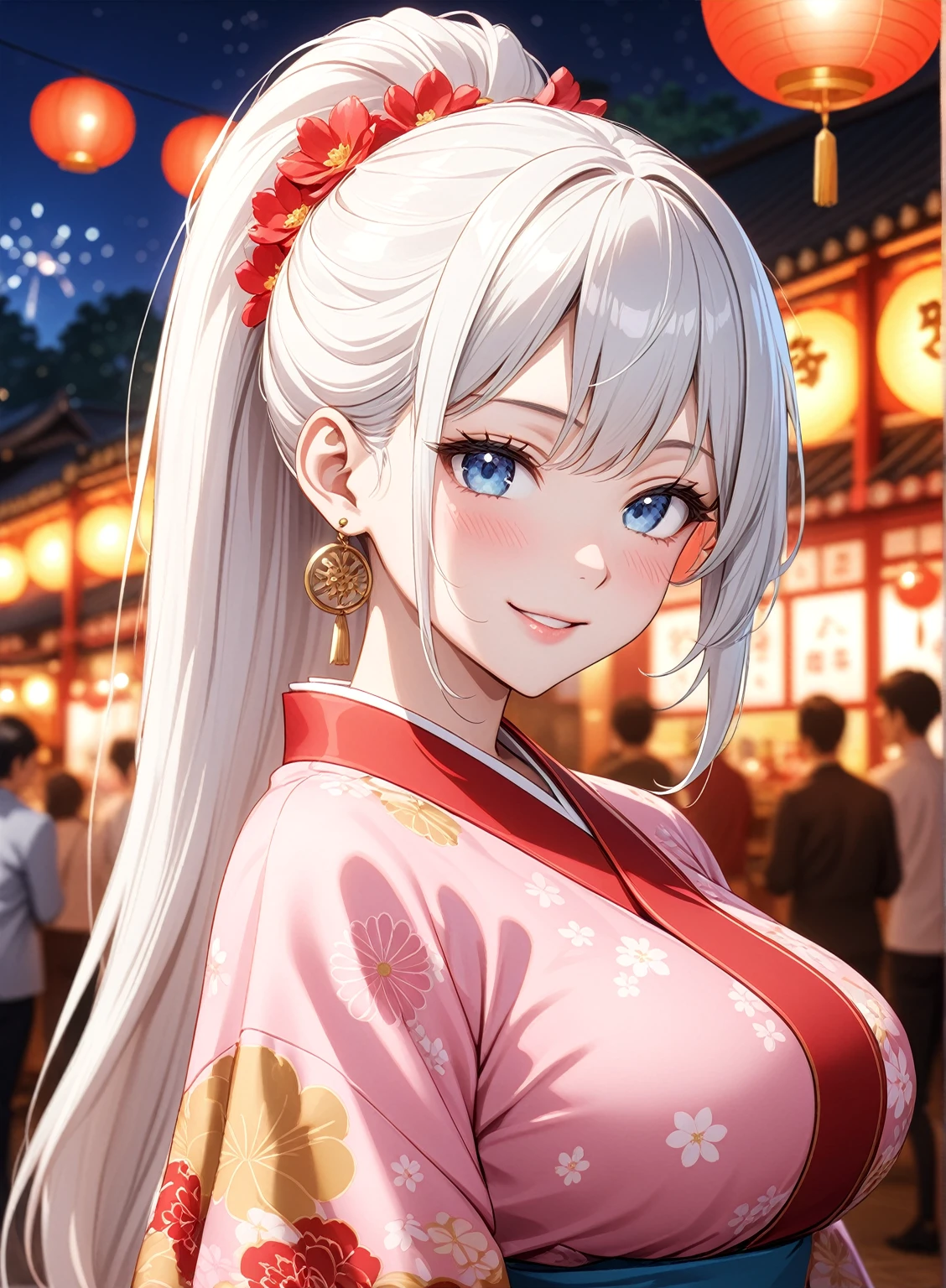 ((one personの女性)), Beautiful Face,Laugh shyly,((Wink:1.7)),Laughing with your mouth open,turn bright red,Glossy pink lips,night,Shrine festival stalls,firework,((Anime style background)),masterpiece, highest quality, so beautiful, up to date, Complex details, (Pink long nails),AI-generated, Complex,High resolution, highest quality, super high quality,3D Images、(Gazing into the distance)、3D Images,one person,Long white hair,High Ponytail,blue eyes,Anime woman posing for a photo, [[Fine grain、Colorful eyes、Shining Eyes:1.15]],(Squint your eyes:1.1),a hyperRealistic , hyperRealistic , Realistic,Long haired white haired anime woman, Smooth anime CG art, A woman in a colorful kimono with gold embroidery, (Black kimono),Red floral pattern,Long flower hair ornament,Big earrings,(Big Breasts:1.2),Mature Body,tall,Big Ass,Fine details,Tight waist,Abdominal muscles,(Face close-up:1.5),Tilt your face,Shooting from an angle