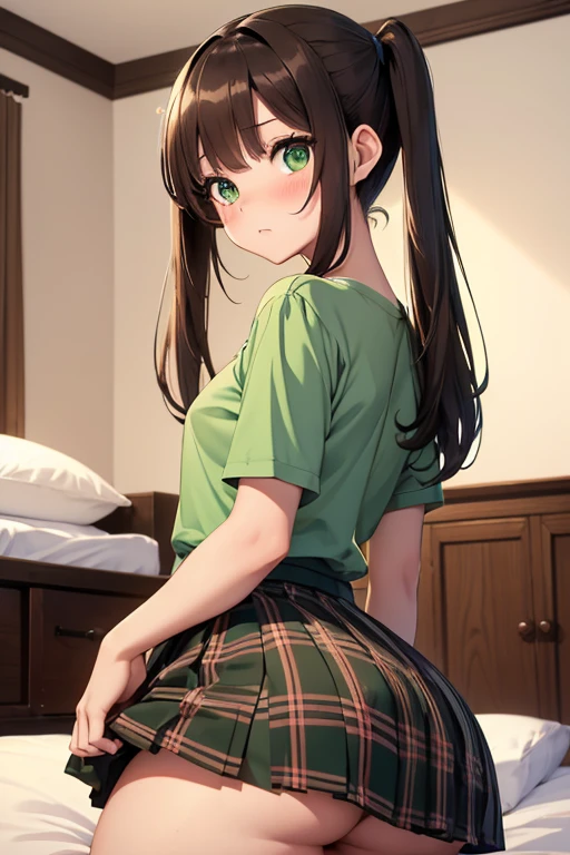 (Masterpiece), (4K), (8K), (Perfect Resolution), (Anime), (Girl), (Young), (Petite), (Pigtails), (Big Eyes), (Innocent), (Small Breasts), (Big Butt), (Thick Thighs), (Brunette), (Plaid Skirt), (Green Eyes), (In Bed), (Sensual), (Blushing)
