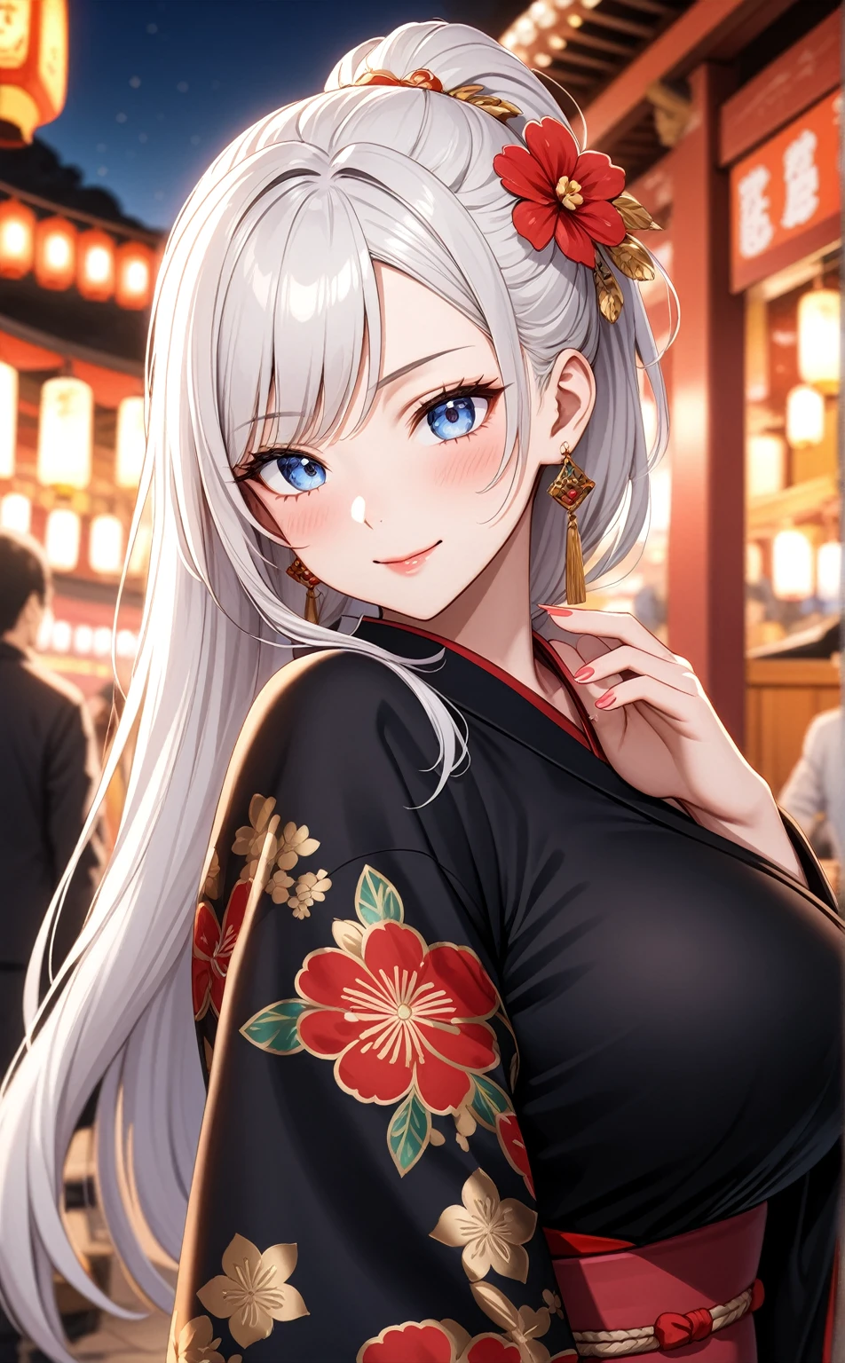 ((one personの女性)), Beautiful Face,Laugh shyly,((Wink:1.7)),Laughing with your mouth open,turn bright red,Glossy pink lips,night,Shrine festival stalls,((Anime style background)),masterpiece, highest quality, so beautiful, up to date, Complex details, (Pink long nails),AI-generated, Complex,High resolution, highest quality, super high quality,3D Images、View your audience、3D Images,one person,Long white hair,High Ponytail,blue eyes,Anime woman posing for a photo, [[Fine grain、Colorful eyes、Shining Eyes:1.15]],(Squint your eyes:1.1),a hyperRealistic , hyperRealistic , Realistic,Long haired white haired anime woman, Smooth anime CG art, A woman in a colorful kimono with gold embroidery, (Black kimono),Red floral pattern,Long flower hair ornament,Big earrings,(Big Breasts:1.1),Mature Body,tall,Big Ass,Fine details,Tight waist,Abdominal muscles,(Face close-up:1.5),Tilt your face,Shooting from an angle,Praying with hands together,