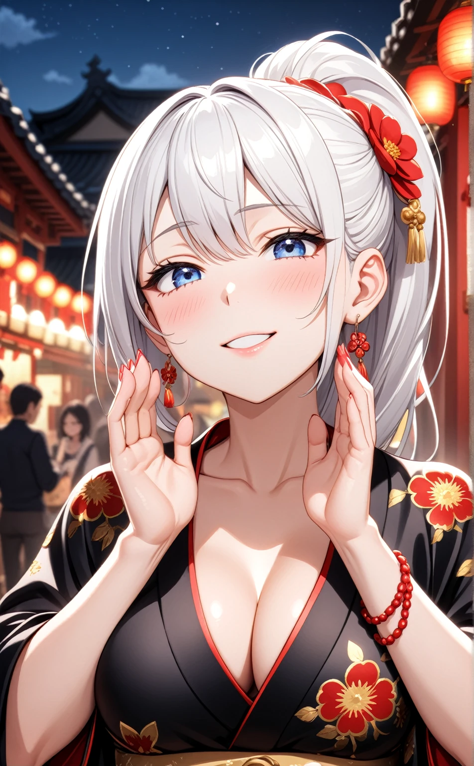 ((one personの女性)), Beautiful Face,Laugh shyly,((Wink:1.7)),Laughing with your mouth open,turn bright red,Glossy pink lips,night,Shrine festival stalls,((Anime style background)),masterpiece, highest quality, so beautiful, up to date, Complex details, (Pink long nails),AI-generated, Complex,High resolution, highest quality, super high quality,3D Images、View your audience、3D Images,one person,Long white hair,High Ponytail,blue eyes,Anime woman posing for a photo, [[Fine grain、Colorful eyes、Shining Eyes:1.15]],(Squint your eyes:1.1),a hyperRealistic , hyperRealistic , Realistic,Long haired white haired anime woman, Smooth anime CG art, A woman in a colorful kimono with gold embroidery, (Black kimono),Red floral pattern,Long flower hair ornament,Big earrings,(Big Breasts:1.1),Mature Body,tall,Big Ass,Fine details,Tight waist,Abdominal muscles,(Face close-up:1.5),Tilt your face,Shooting from an angle,Praying with hands together,