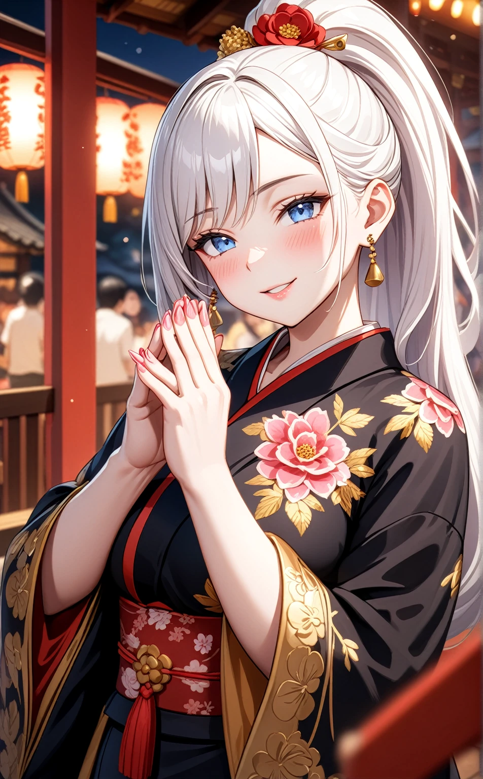 ((one personの女性)), Beautiful Face,Laugh shyly,((Wink:1.7)),Laughing with your mouth open,turn bright red,Glossy pink lips,night,Shrine festival stalls,((Anime style background)),masterpiece, highest quality, so beautiful, up to date, Complex details, (Pink long nails),AI-generated, Complex,High resolution, highest quality, super high quality,3D Images、View your audience、3D Images,one person,Long white hair,High Ponytail,blue eyes,Anime woman posing for a photo, [[Fine grain、Colorful eyes、Shining Eyes:1.15]],(Squint your eyes:1.1),a hyperRealistic , hyperRealistic , Realistic,Long haired white haired anime woman, Smooth anime CG art, A woman in a colorful kimono with gold embroidery, (Black kimono),Red floral pattern,Long flower hair ornament,Big earrings,(Big Breasts:1.1),Mature Body,tall,Big Ass,Fine details,Tight waist,Abdominal muscles,(Face close-up:1.5),Tilt your face,Shooting from an angle,Praying with hands together,