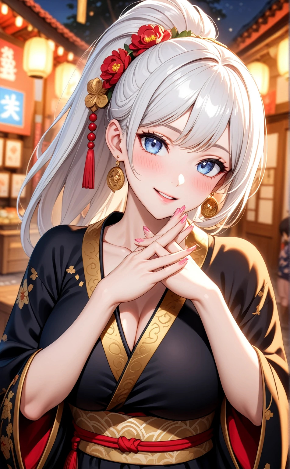 ((one personの女性)), Beautiful Face,Laugh shyly,((Wink:1.7)),Laughing with your mouth open,turn bright red,Glossy pink lips,night,Shrine festival stalls,((Anime style background)),masterpiece, highest quality, so beautiful, up to date, Complex details, (Pink long nails),AI-generated, Complex,High resolution, highest quality, super high quality,3D Images、View your audience、3D Images,one person,Long white hair,High Ponytail,blue eyes,Anime woman posing for a photo, [[Fine grain、Colorful eyes、Shining Eyes:1.15]],(Squint your eyes:1.1),a hyperRealistic , hyperRealistic , Realistic,Long haired white haired anime woman, Smooth anime CG art, A woman in a colorful kimono with gold embroidery, (Black kimono),Red floral pattern,Long flower hair ornament,Big earrings,(Big Breasts:1.1),Mature Body,tall,Big Ass,Fine details,Tight waist,Abdominal muscles,(Face close-up:1.5),Tilt your face,Shooting from an angle,Praying with hands together,