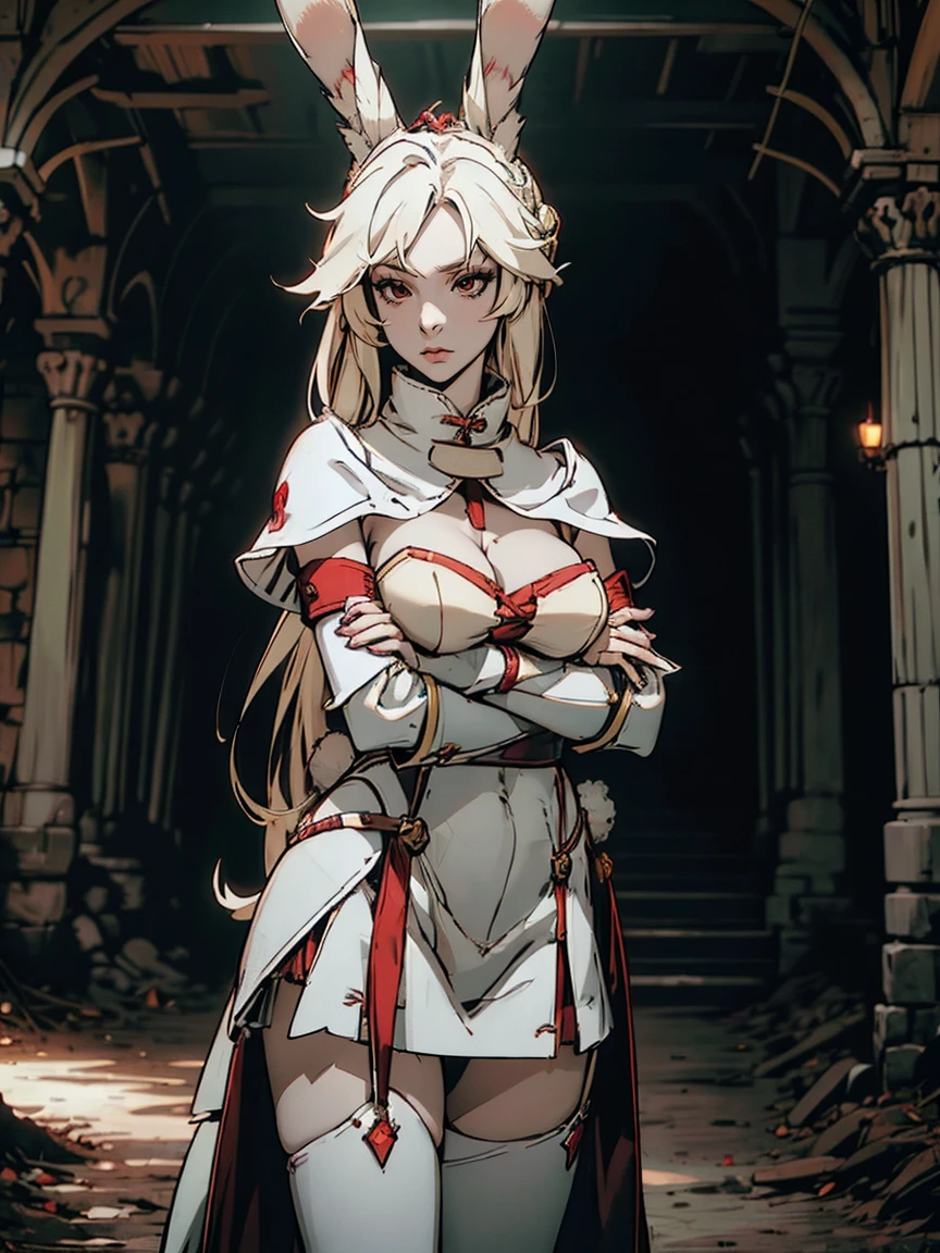 a rabbit girl in the ruins, (rabbit girl)(best quality,high resolution, masterpiece:1.2), female focus, (one girl:1.5), (free hands), beautiful eyes, (white hair:1), detailed eyes, (rabbit ears), (red eyes:1.2), white cloak, curious, fleshy lips, hair ornament, leather armor, Clothes made of tanned leather, detached sleeves, wrist guard, white thighhighs, shin guards, perfect quality, good quality, masterpiece, (arms crossed1.2), Prepare-se para mergulhar em um mundo onde a beleza e o artesanato se fundem perfeitamente, anatomically correct. ultra nitidez