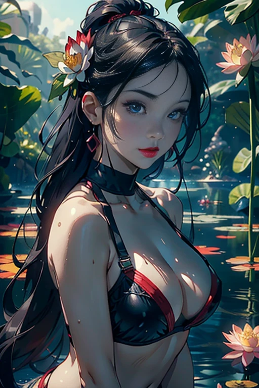(Very fine and beautiful), (Very detailed CG unity 8K wallpaper), (Beautiful and detailed eye description), (ultra detailed, masterpiece), cinematic lighting, detailed background, 1female, Woman, MILF, solo, (Background: pond with lotus flowers, she is underwater), She has long black hair with purple streaks, bangs, (masterpiece), beautiful detailed eyes, Bright pupils, aqua eyes, cherry-red lips, sexy, frontage, (Wearing: black swim suit)