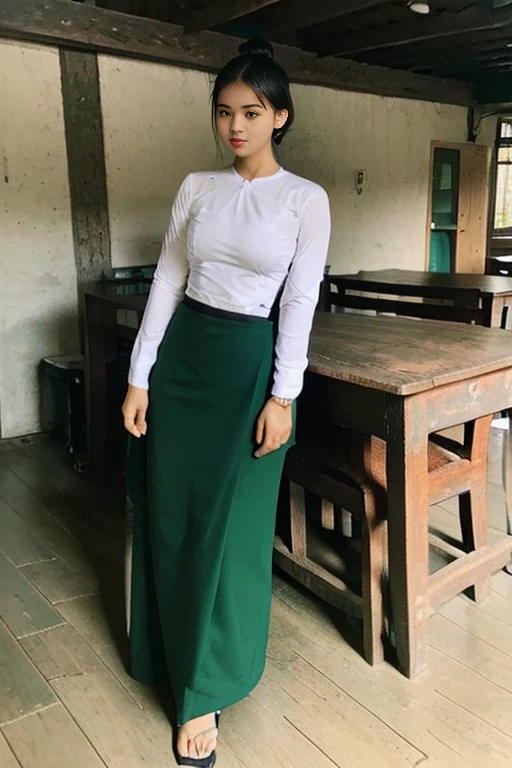 A school teacher is 30years old.Tall, thin, big hips, big breasts, black hair, small lips, brown eyes, attractive, K.Top=white Burmese blouse,With long sleeves,Buttoned at the side.Bottom=(Dark green) long skirt.
Footwear=female Burmese sandals,The hair is knotted bun.