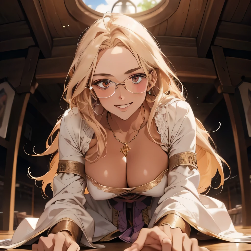 (Best image quality),masterpiece,8k wallpaper,One Woman,22 years old,Europe,((White and purple German folk costume)),(Blonde,Golden eyebrows),(Glasses),((Large Breasts)),Cleavage,((Brown Skin:1.4)),Sunburned skin,On all fours,Looking up at the audience,(Provocative smile),blush,The background is a German village,Natural soft light,frontage,70 degree angle of view