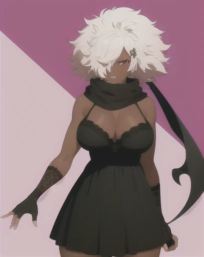 masterpiece, highres, best quality, cowboy shot, 1girl, solo, shinobu jacobs, white hair, (big hair, messy hair, afro:1.2), hair over one eye, thick eyelashes, dark skin, looking at viewer, large breasts, black dress, NMH2, lace, fingerless gloves, scarf,