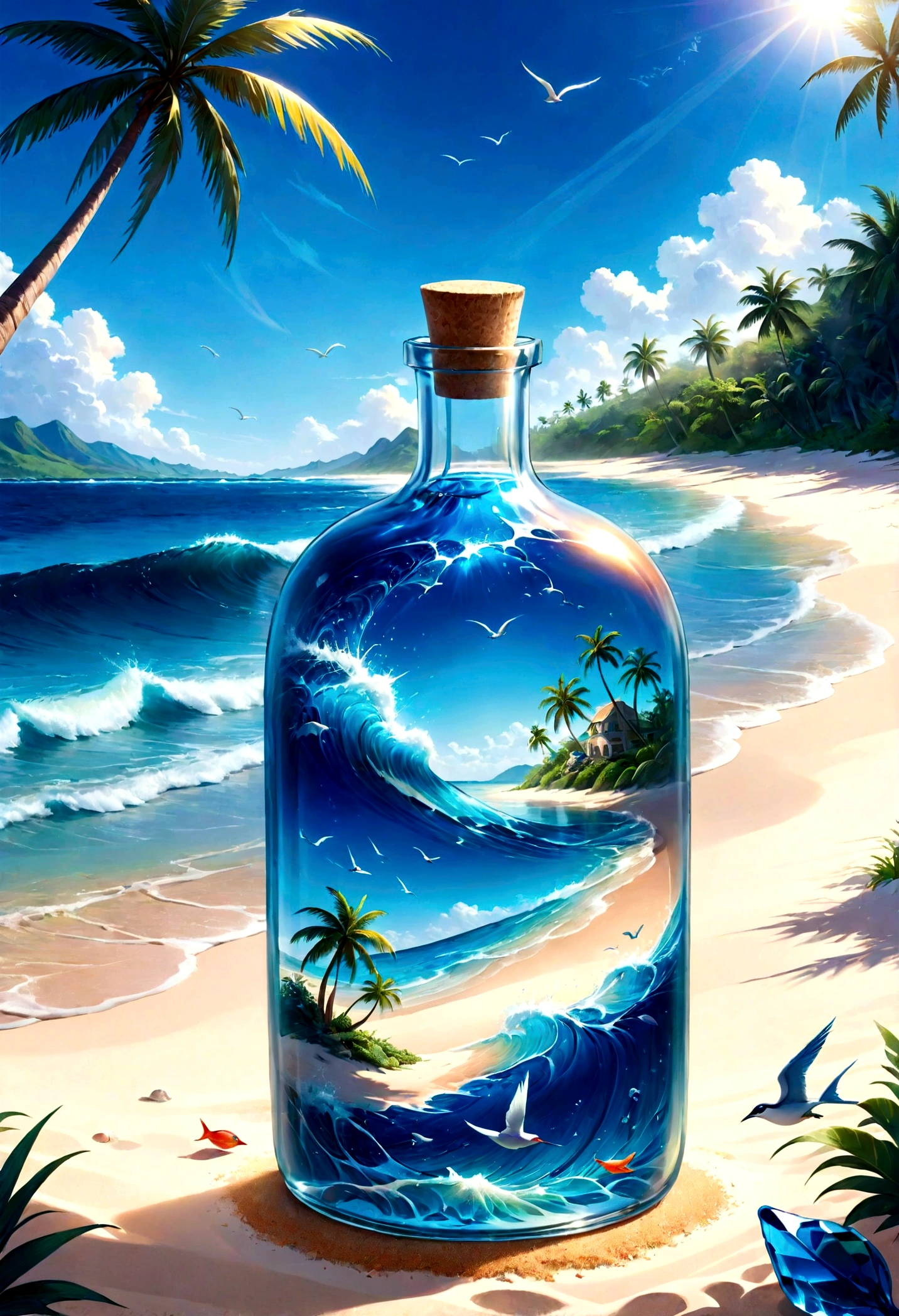 a beautiful glass bottle landscape,ocean waves crashing against a glass bottle on the sandy shore,sparkling reflections on the glass surface,shimmering sea creatures floating inside the bottle,gentle sunlight illuminating the scene,crystal clear blue water inside the bottle,majestic palm trees swaying in the background,tranquil atmosphere with birds chirping and gentle breeze,rays of light passing through the bottle's transparent body,exquisite details of the bottle's design,impressive craftsmanship of the glass bottle,brilliant colors of the landscape,subtle gradient of the sky from warm hues to cool tones,soft sand creating patterns around the bottle,crystal clear reflections of the surroundings in the bottle,waves lapping against the bottle's base creating soothing sounds,serene and peaceful ambiance,magnificent view of the horizon through the bottle's perfectly shaped glass,tranquil paradise encapsulated in a glass bottle.