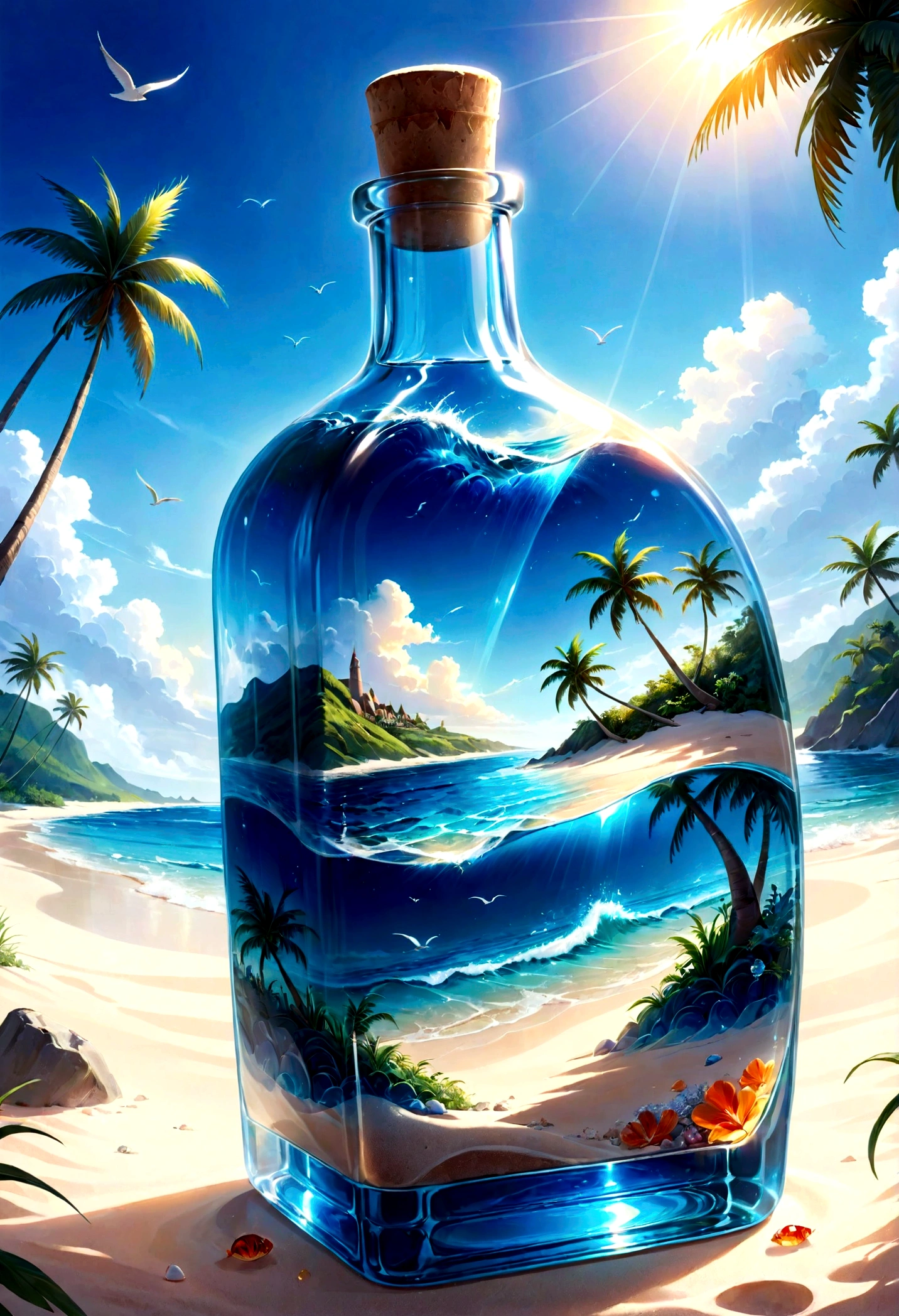 a beautiful glass bottle landscape,ocean waves crashing against a glass bottle on the sandy shore,sparkling reflections on the glass surface,shimmering sea creatures floating inside the bottle,gentle sunlight illuminating the scene,crystal clear blue water inside the bottle,majestic palm trees swaying in the background,tranquil atmosphere with birds chirping and gentle breeze,rays of light passing through the bottle's transparent body,exquisite details of the bottle's design,impressive craftsmanship of the glass bottle,brilliant colors of the landscape,subtle gradient of the sky from warm hues to cool tones,soft sand creating patterns around the bottle,crystal clear reflections of the surroundings in the bottle,waves lapping against the bottle's base creating soothing sounds,serene and peaceful ambiance,magnificent view of the horizon through the bottle's perfectly shaped glass,tranquil paradise encapsulated in a glass bottle.