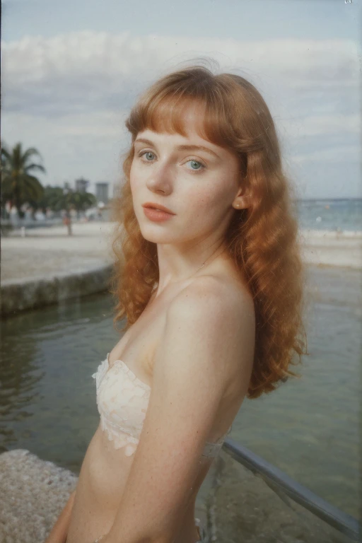 (Masterpiece),polaroid 600 instant camera, ((candid shots)), ((candid pictures)) best quality, elegant pose, vibrant, exotic beach background,  a beautiful girl, 20-year-old (Irish), (Russian), (french),beautiful beauty, pale skin, long curled strawberry blonde hair with fountain bangs, thin, skinny body, beautiful realistic features,