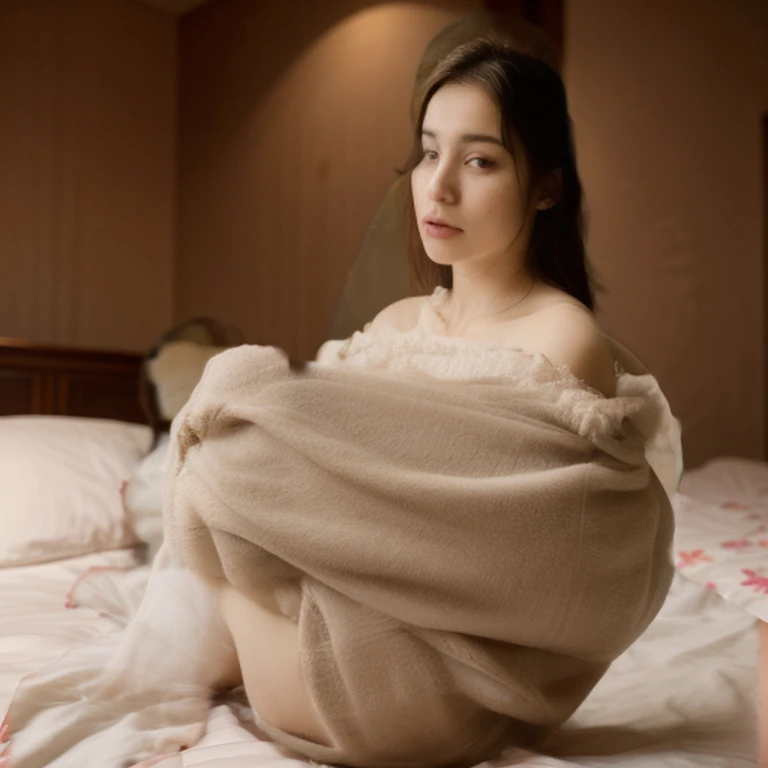 full-length personal portrait, beautiful young Chinese woman, Chinese brunette, dark skin, (in the hotel room in front of the bed), (completely facing away from the viewer), (wearing a short, almost transparent floral nightgown, with a small red thong underneath). (big breasts, voluptuous breasts, perky breasts, big juicy nipples, big juicy areolas), (exposed pussy), (hairy pussy), (perfect big juicy ass), (thin waist), (wide juicy) hips ), (thick and fat thighs, juicy thighs), (perfect body), (hot and beautiful woman), (wonderful and sexy woman), (correct and precise hands and fingers), (correct and precise legs and thighs), ( whole legs), best quality, high definition, 8k, keep the seed,
