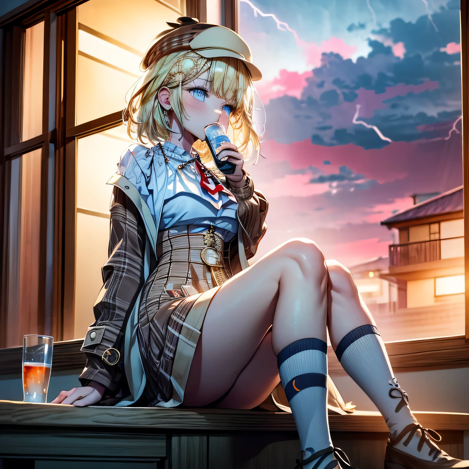 Blonde detective with short hair sitting at the side of a window with a red lighting thunderstorm at the distance, red thunders, cloudy sky, drinking whiskey, slight curvy body, rainy day
she uses a light brown detective hat with a checked pattern on the sides, wears a white blouse complemented with a red tie. light brown skirt with a checked pattern where she carries a golden pocket watch, On her left leg she carries various syringes filled. Her high socks are black and her shoes are dark brown. light brown detective coat with a stethoscope. Sitting at the window frame, thunderstorm at the background, red lighting thunderstorm, window with thunderstorm