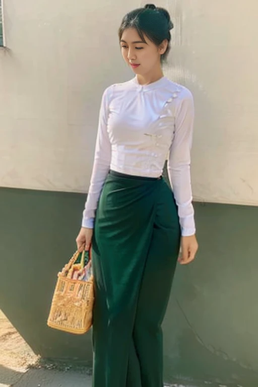 A school teacher is 30years old.Tall, thin, big hips, big breasts, black hair, small lips, brown eyes, attractive, K.Top=white Burmese blouse,With long sleeves,Buttoned at the side.Bottom=(Dark green) long skirt.
Footwear=female Burmese sandals,The hair is knotted bun.