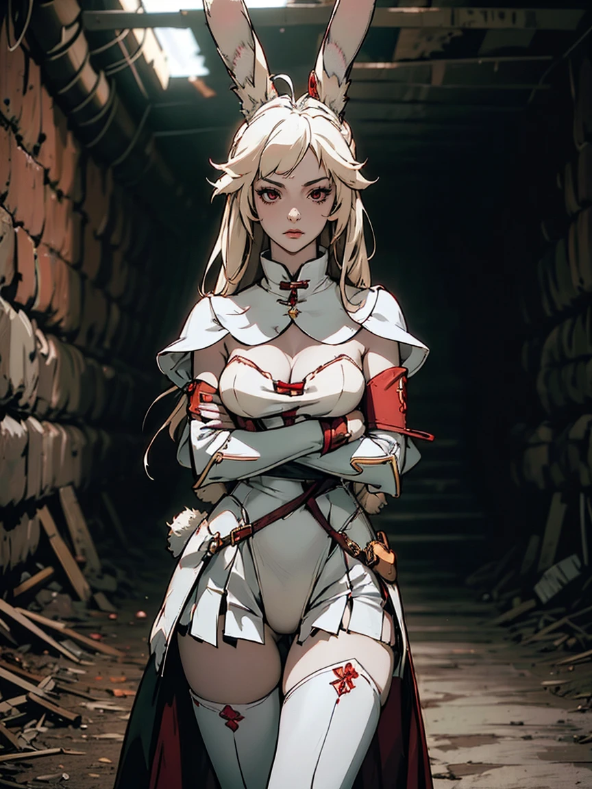 a rabbit girl in the ruins, (rabbit girl)(best quality,high resolution, masterpiece:1.2), female focus, (one girl:1.5), (free hands), beautiful eyes, (white hair:1), detailed eyes, (rabbit ears), (red eyes:1.2), white cloak, curious, fleshy lips, hair ornament, leather armor, Clothes made of tanned leather, detached sleeves, wrist guard, white thighhighs, shin guards, perfect quality, good quality, masterpiece, (arms crossed1.2), Prepare-se para mergulhar em um mundo onde a beleza e o artesanato se fundem perfeitamente, anatomically correct. ultra nitidez