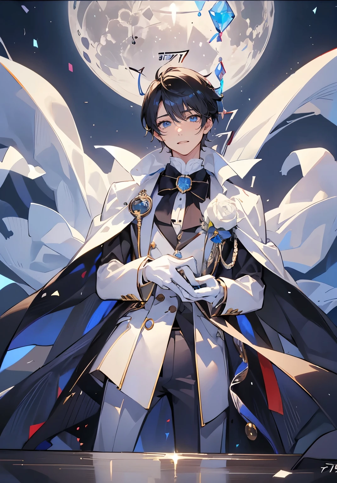 (Mastepiece), (Best Quality), Very detailed, (( boy:1.5)), Perfect Face, Beautiful Face, Very detailedな顔，Black Hair、Short Hair，Thief、White suit、White Top Hat、White gloves、White Cape、Monocle、Trump、White Moon、gem
