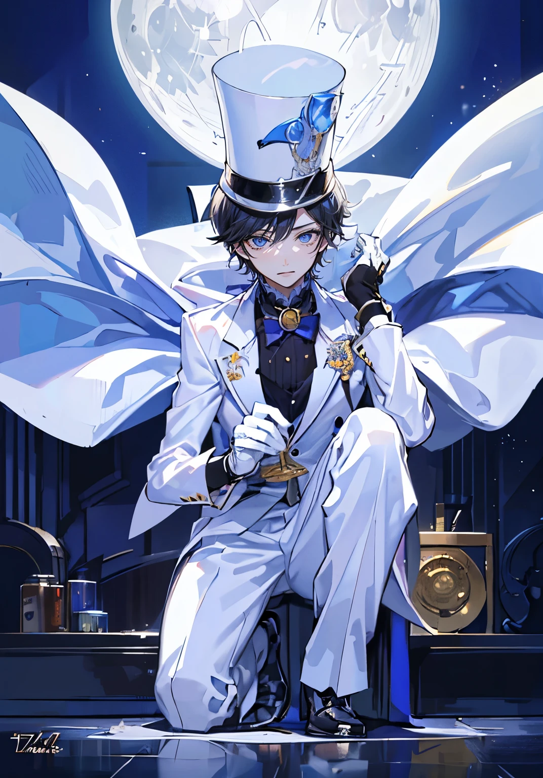 (Mastepiece), (Best Quality), Very detailed, ((17 year old boy:1.5)), Perfect Face, Beautiful Face, Very detailedな顔,Black Hair、Short Hair,Thief、White suit、White Top Hat、White gloves、White Cape、Monocle、Trump、White Moon、gem