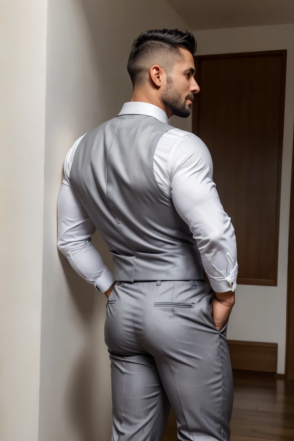 Beautiful  man 30 years old,  muscular body, barba rala, mas seu rosto esta iluminado pela fogueira. Gray formal trousers ((backside))