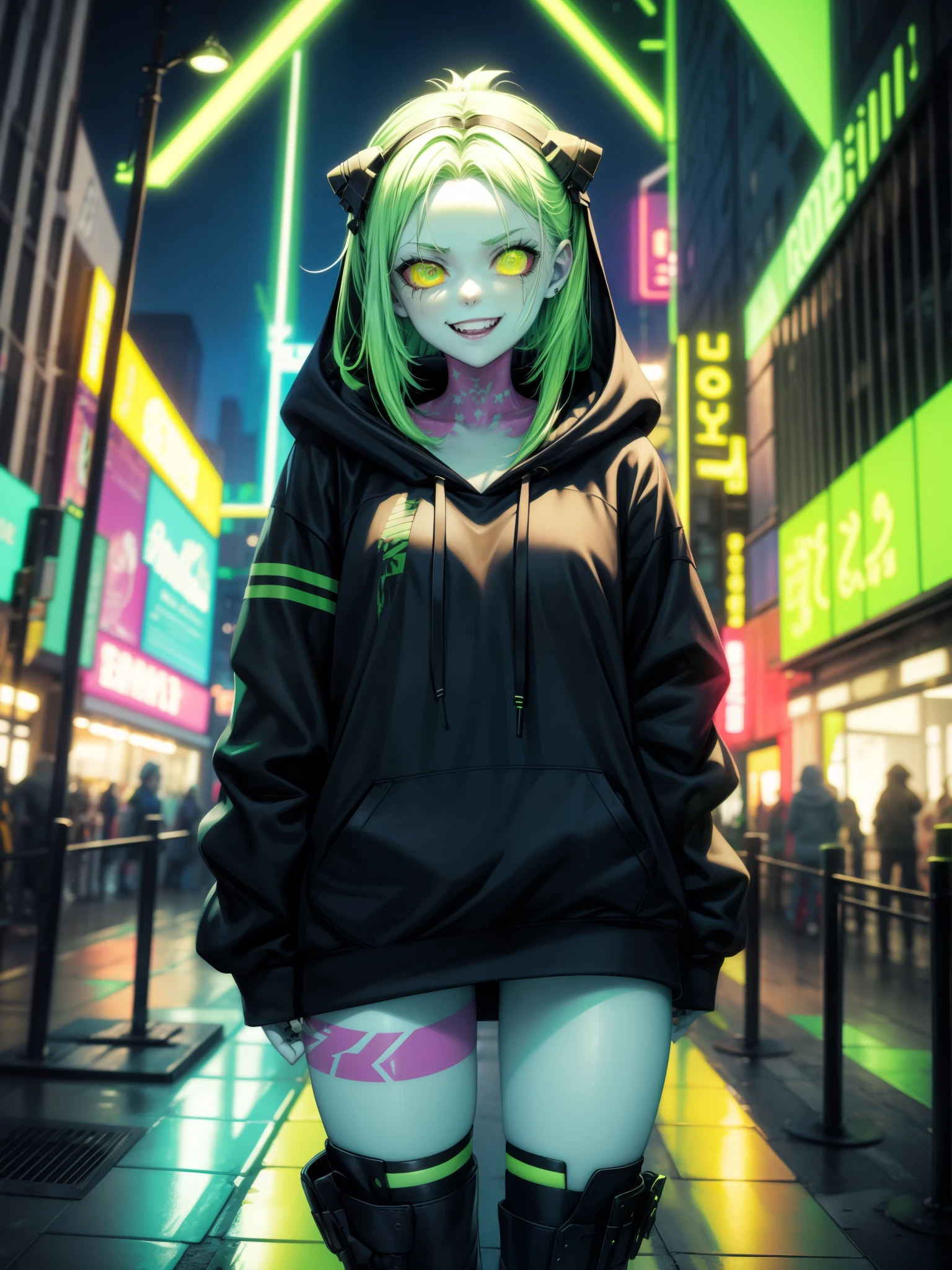 hoodie、Neon colored clothes、Green and black hair、Score 9、Score 8_up、Score 7_up、zombie、Dark Background、Sexy pose、Punk goth girl with seductive smile