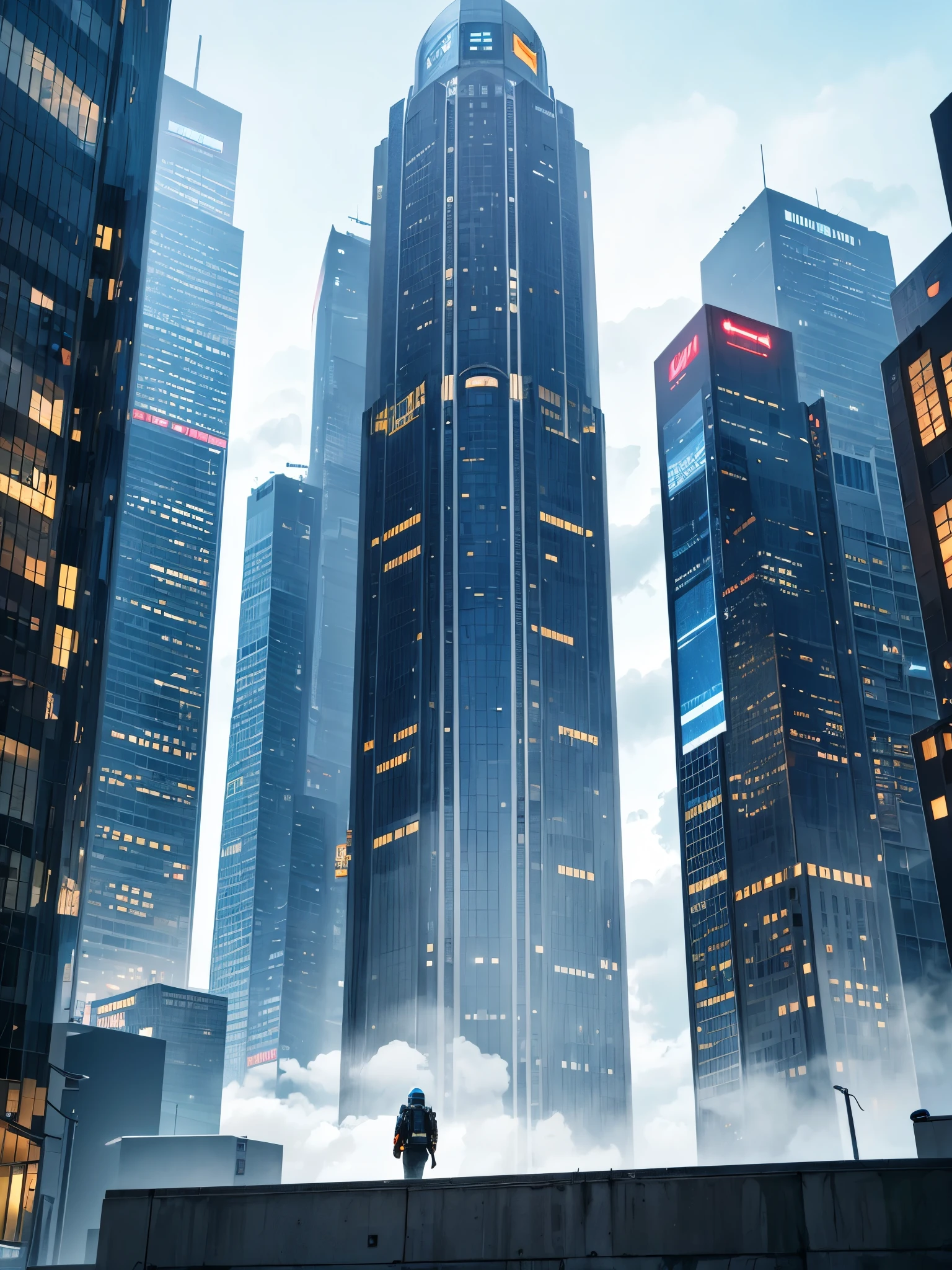 tower,fact,A futuristic city scene filled with incredible technological wonders. Skyscrapers rise above the clouds, With a stylish and modern design. Streamlined blending, bending, Engineered architectural structures using reflective materials and glass curtain walls create fascinating futuristic landscapes. on the street, Amazing floating transport vehicle glides at high speeds, Such as flying cars or maglev trains, Exudes a high-tech look,Flying in the urban airspace style:photography