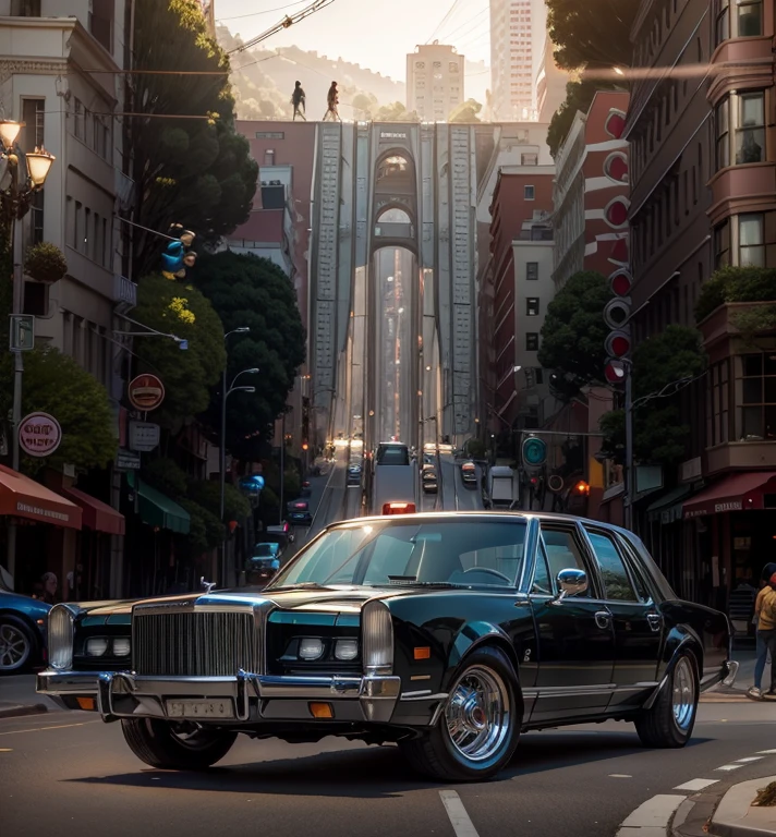 In the foreground, a gleaming, exhibition-quality Ford Lincoln catches the light, its chrome sparkling. Behind it, the iconic San Francisco streets rise steeply, with the unmistakable silhouette of a brightly colored cable car clinging to the tracks high above.