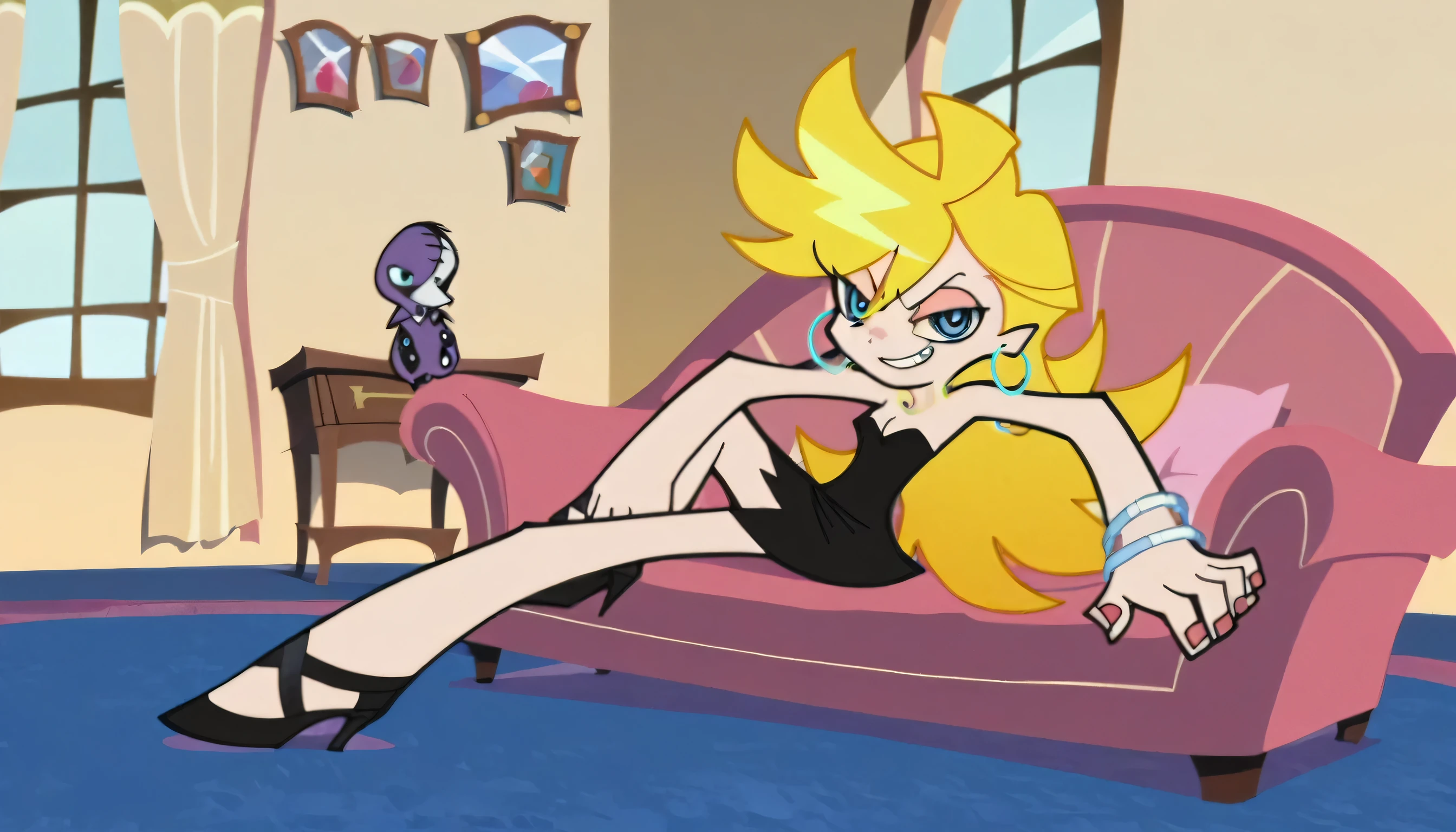 p&s style, rating_safe, score_10, sharp, anime screencap, flat shadows, flat colors, panty, blonde hair, strapless, little black sleeveless, dress, hoop earrings, sliver bracelets, bare shoulders, cleavage, panty’s indoor bedroom, a chair, curtains, outdoor window of night skies, smile, blue eyes, lying on her sofa, black high heels, in the center, looking at viewer, 1 girl, solo