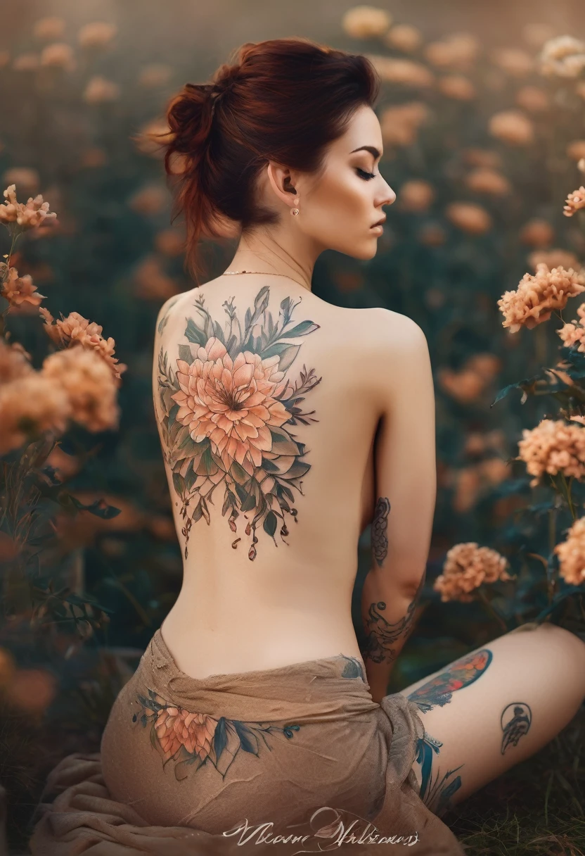 A lovely woman, kneeling with her back to the viewer, delicate flowers tattooed on her bare back, professional photography, high quality, detailed, photorealistic, soft natural lighting, warm color palette, serene atmosphere, intricate tattoo details, graceful pose, beautiful skin tones, cinematic composition, dramatic shadows, depth of field (safe for work)