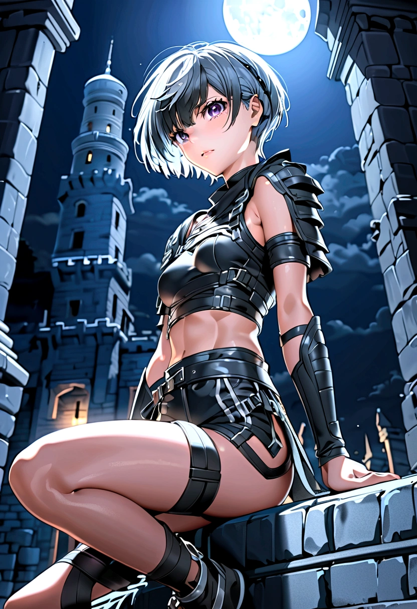 A beautiful goddess with fluffy silver messy short hair, captivating appearance, excited expression, purple eyes, slim athletic body, wearing a black ninja outfit with a short shirt, abs, and knee-length shorts, hiding in an ancient castle at night, moonlight, (best quality,16k,extremely detailed,incredibly detailed,vivid,dynamic,photorealistic:1.37),(delicate figure:1.3)