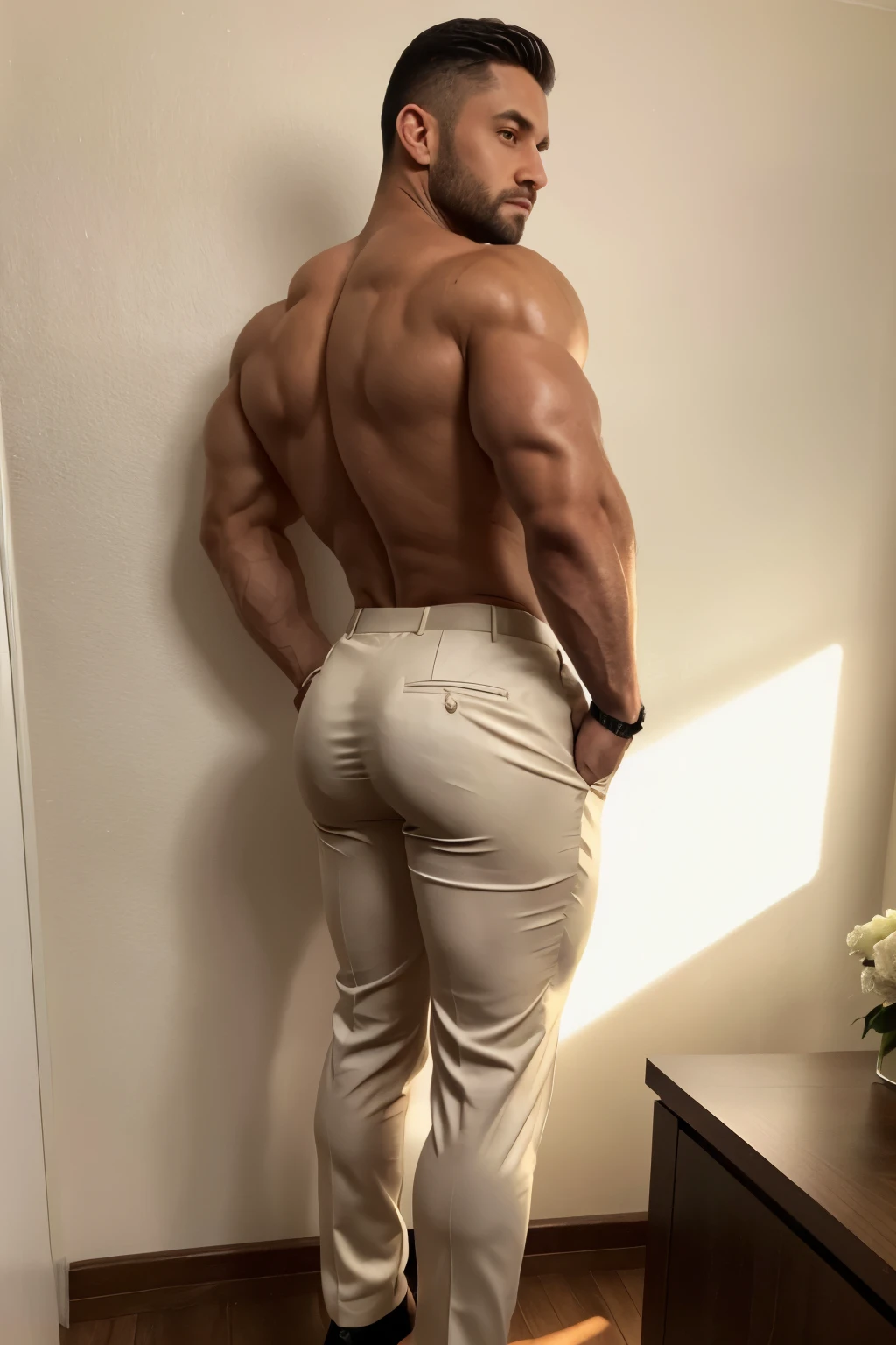 Beautiful  man 30 years old,  muscular body, barba rala, mas seu rosto esta iluminado pela fogueira. Creme formal trousers ((backside))